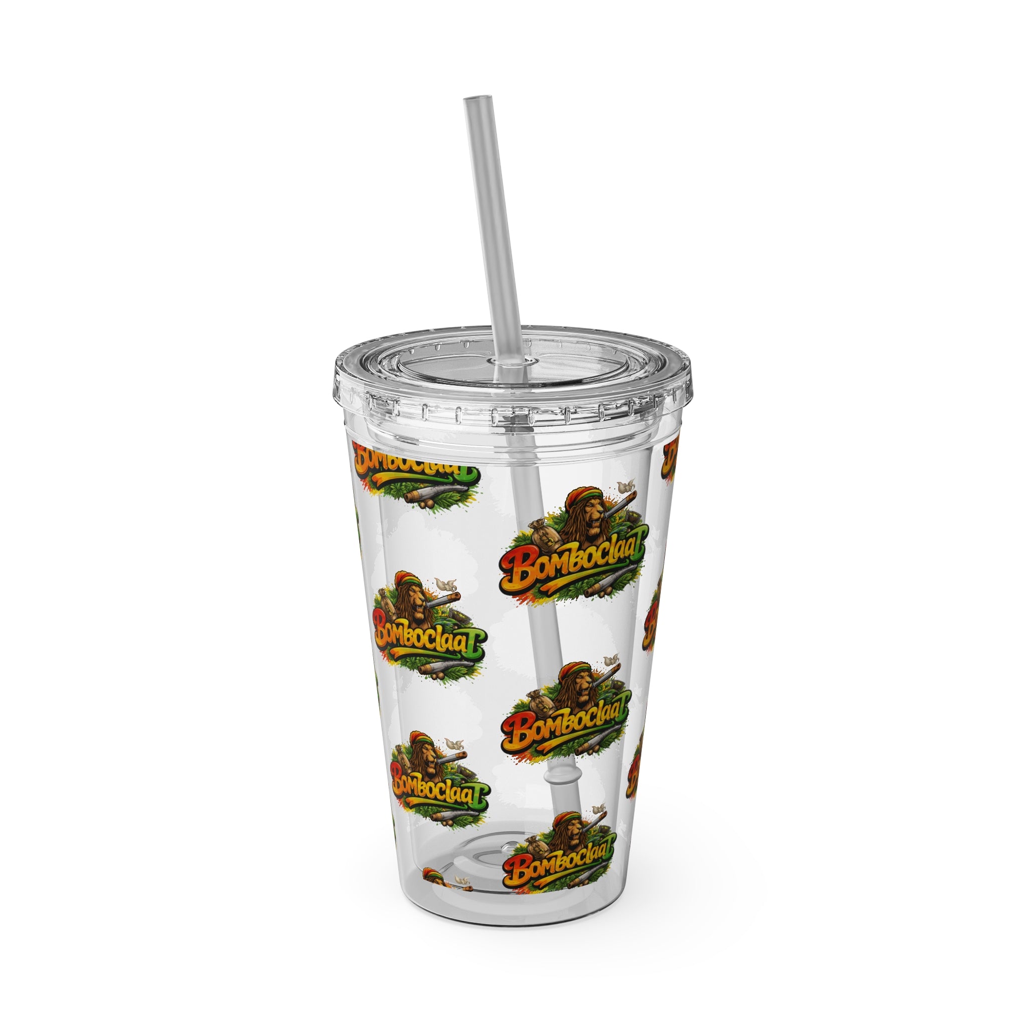16oz Sunsplash Tumbler with Straw — Clear Reusable Drink Cup with Tropical 'Sunsplash' Logo Pattern