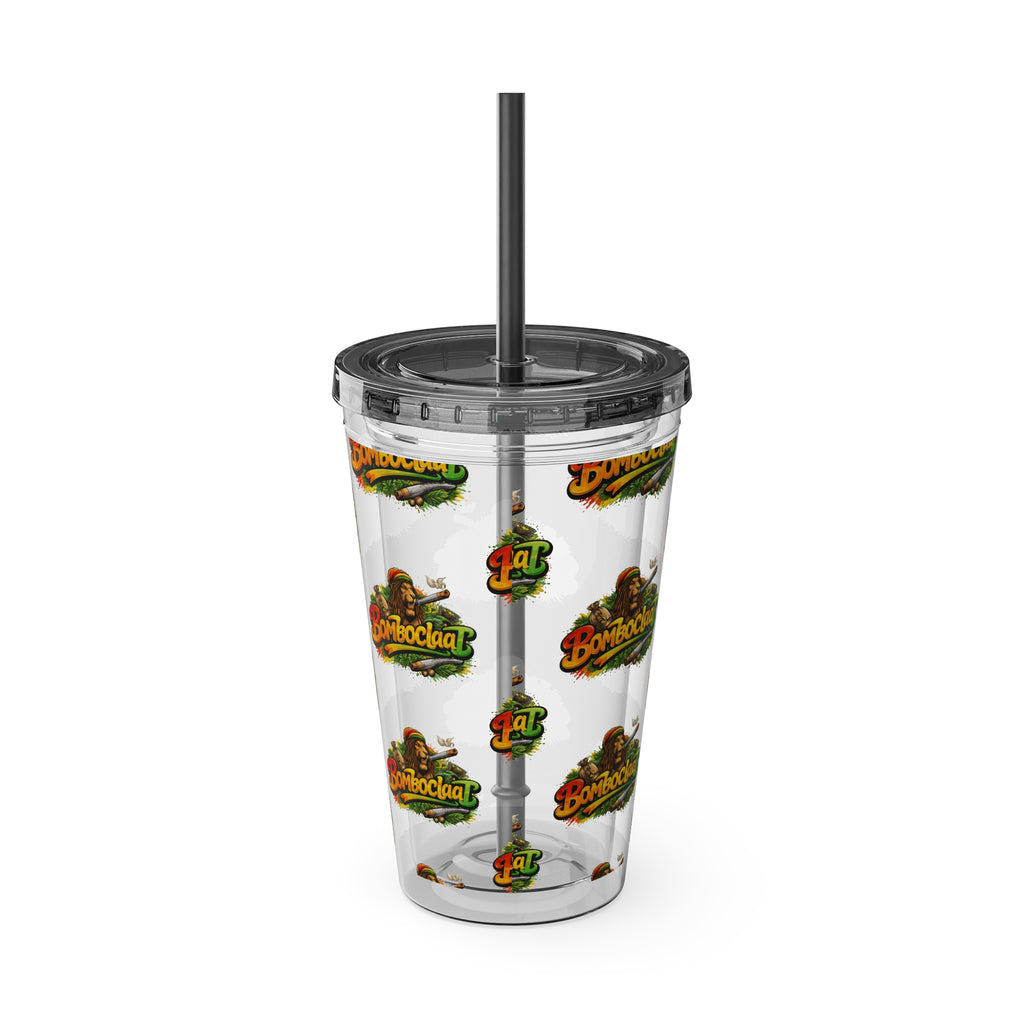16oz Sunsplash Tumbler with Straw — Clear Reusable Drink Cup with Tropical 'Sunsplash' Logo Pattern