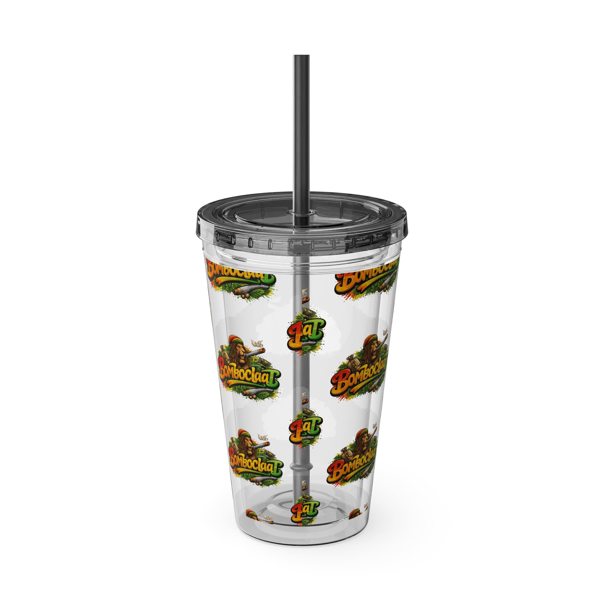 16oz Sunsplash Tumbler with Straw — Clear Reusable Drink Cup with Tropical 'Sunsplash' Logo Pattern