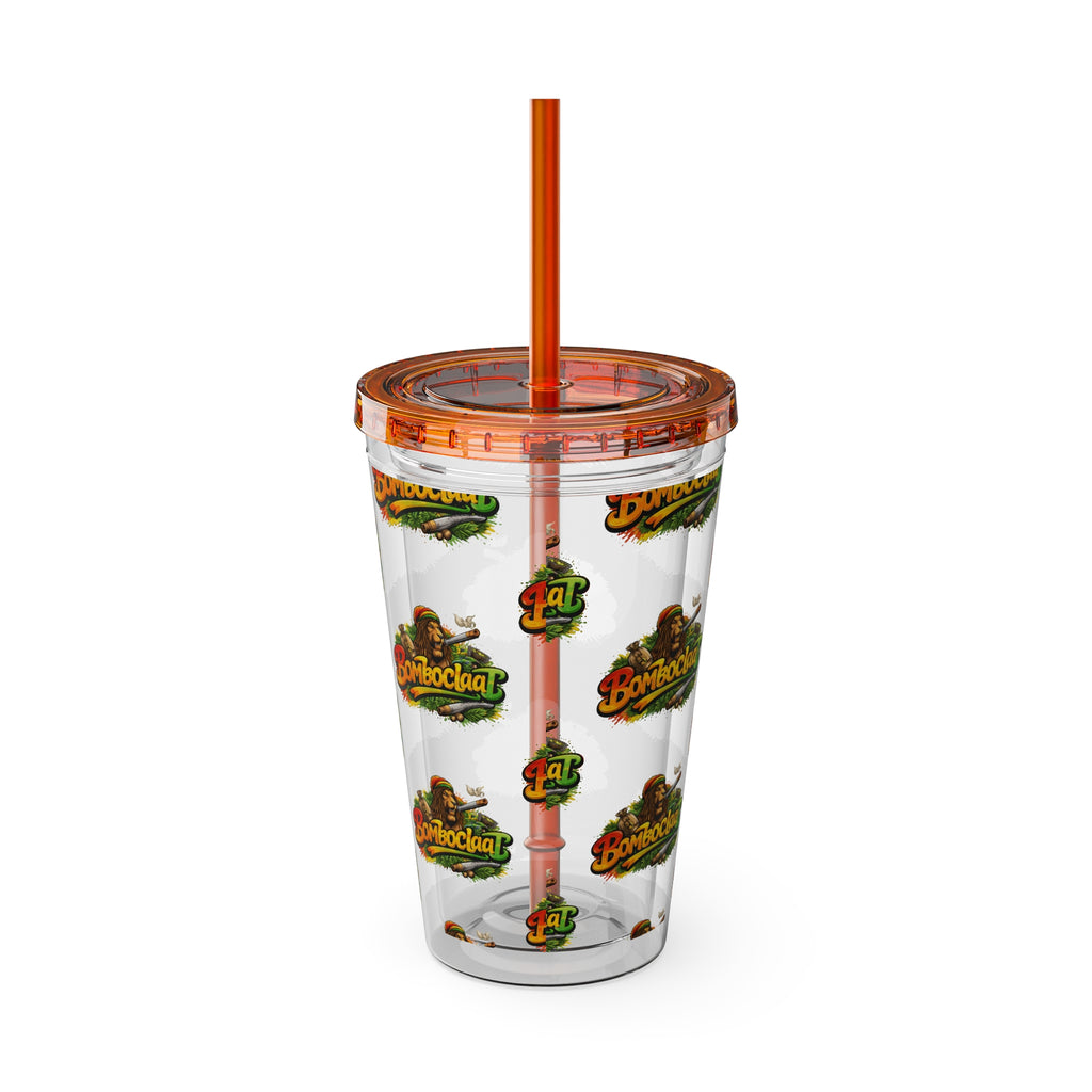 16oz Sunsplash Tumbler with Straw — Clear Reusable Drink Cup with Tropical 'Sunsplash' Logo Pattern