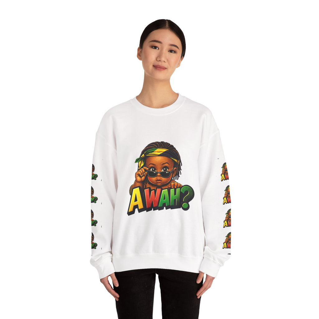 Crewneck Sweatshirt - 'Awah?' Graphic Pullover with Sleeve Prints
