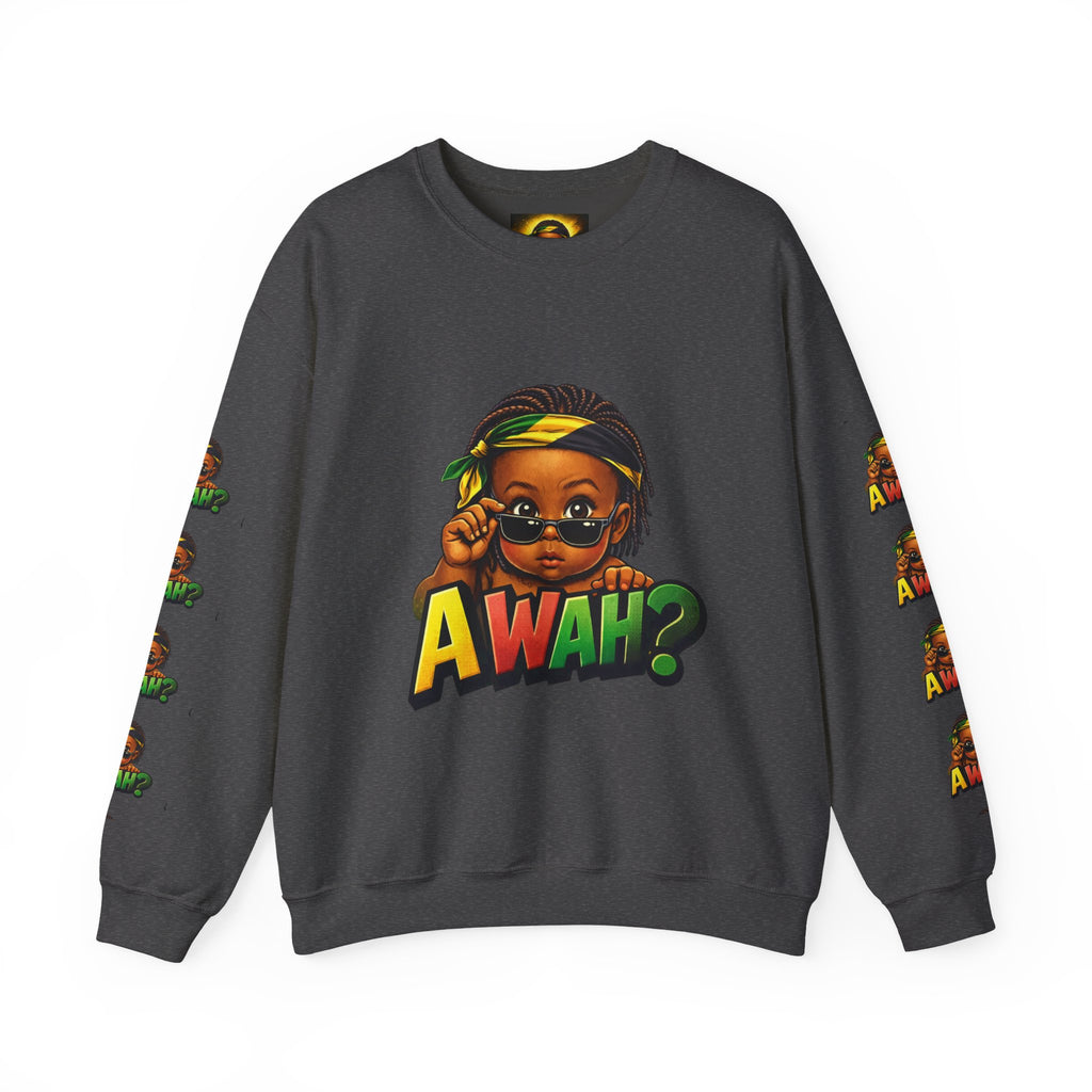 Crewneck Sweatshirt - 'Awah?' Graphic Pullover with Sleeve Prints