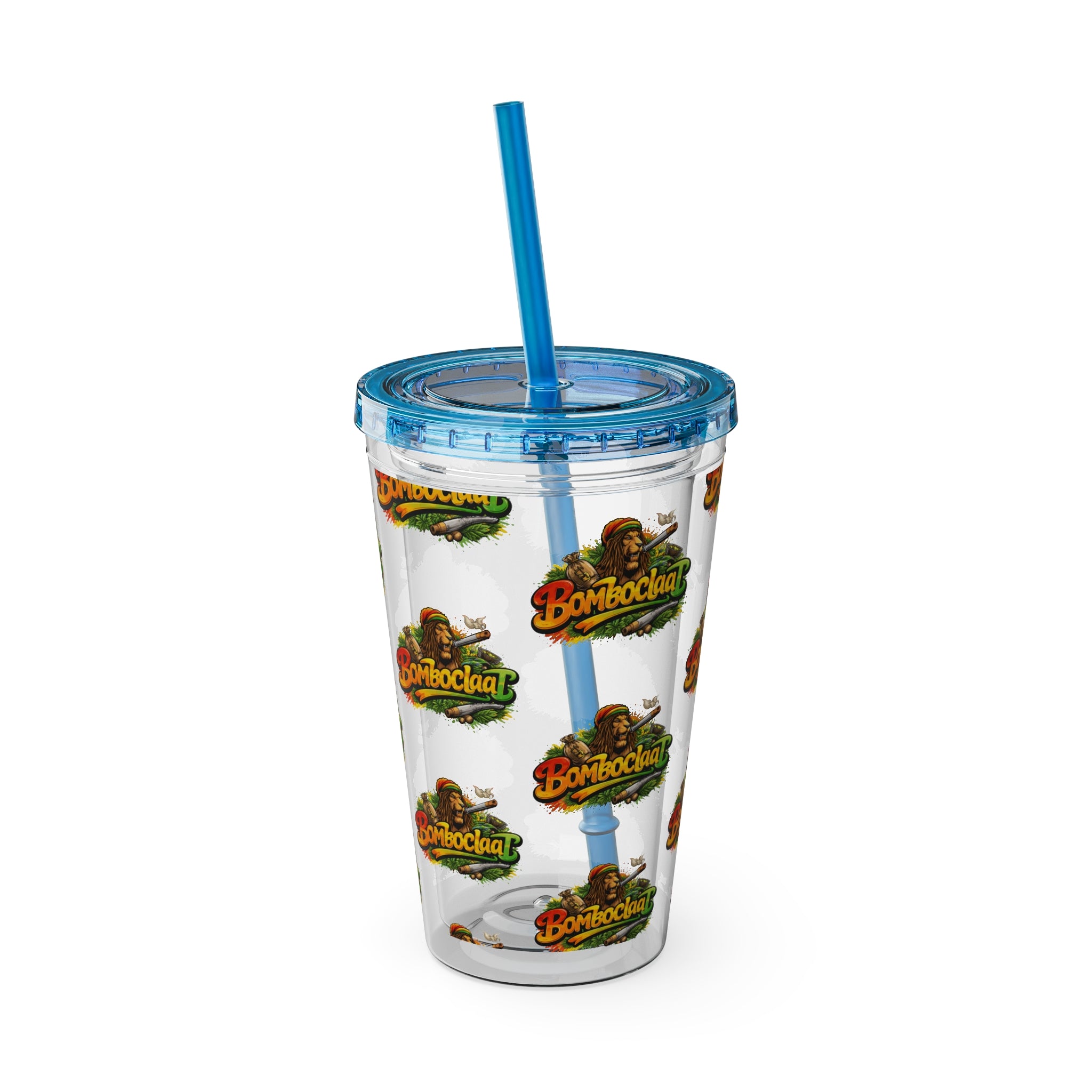 16oz Sunsplash Tumbler with Straw — Clear Reusable Drink Cup with Tropical 'Sunsplash' Logo Pattern