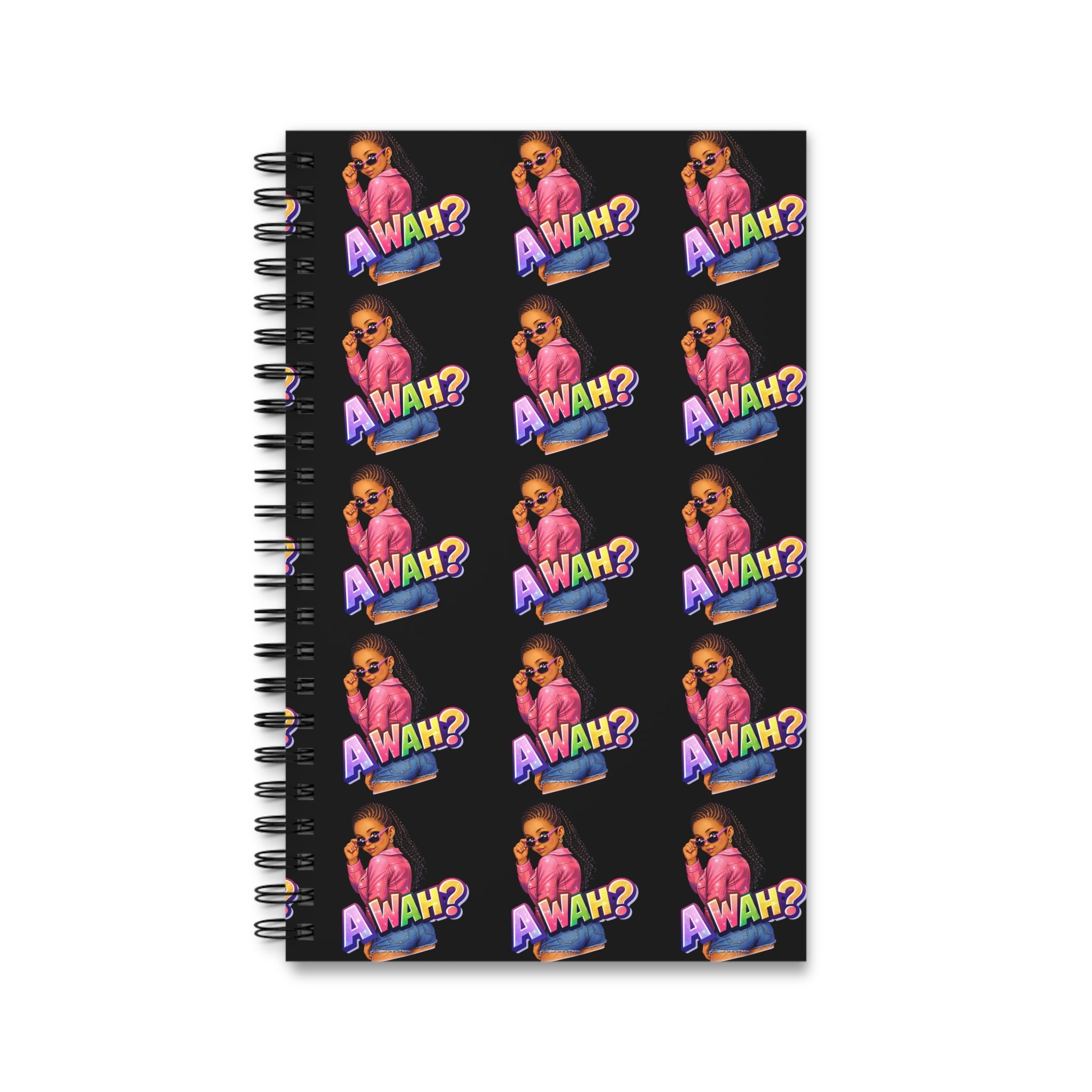 Spiral Journal — "Awah?" Patterned Black Notebook for Teens & Pop-Culture Fans