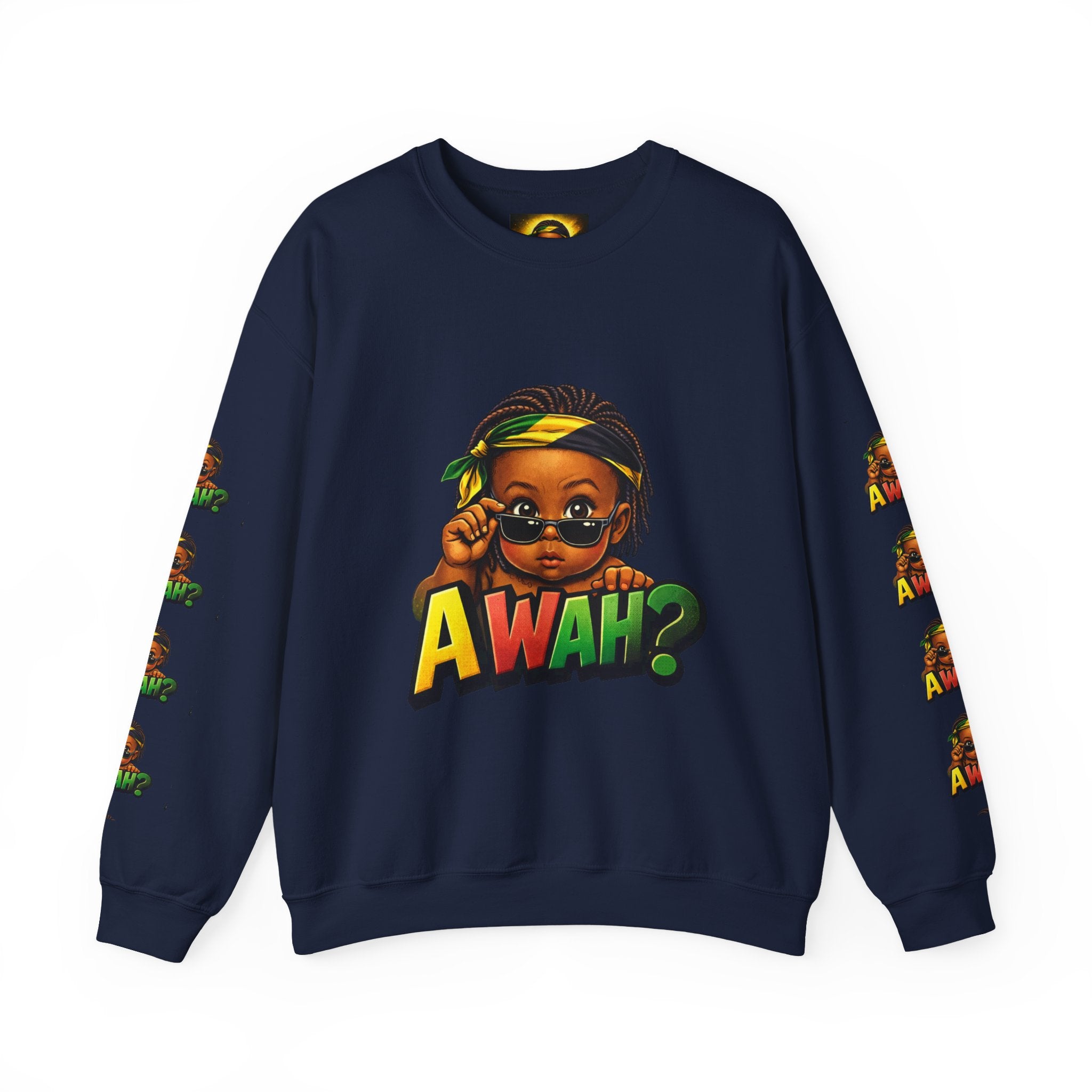 Crewneck Sweatshirt - 'Awah?' Graphic Pullover with Sleeve Prints