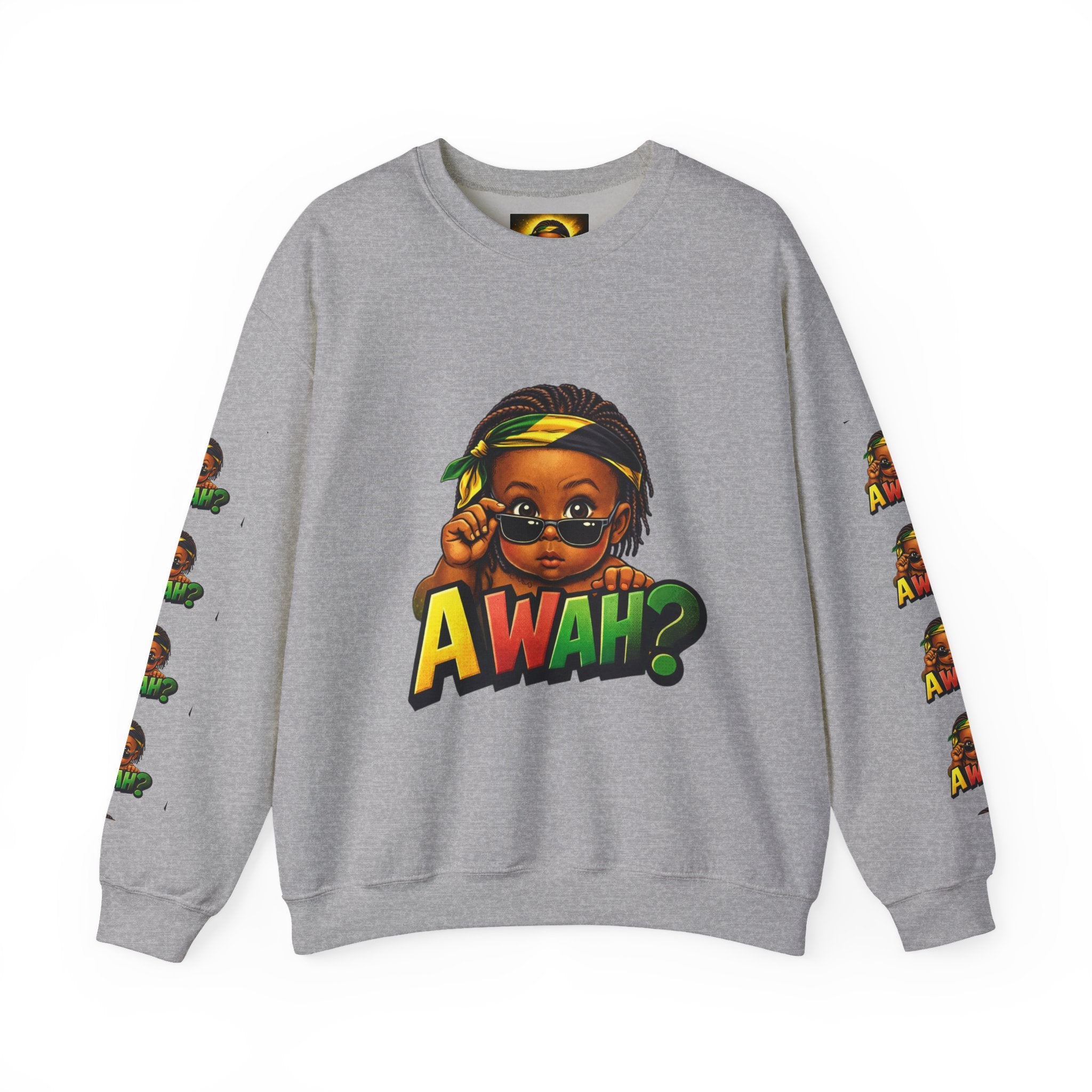 Crewneck Sweatshirt - 'Awah?' Graphic Pullover with Sleeve Prints