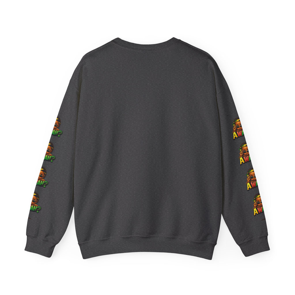 Crewneck Sweatshirt - 'Awah?' Graphic Pullover with Sleeve Prints