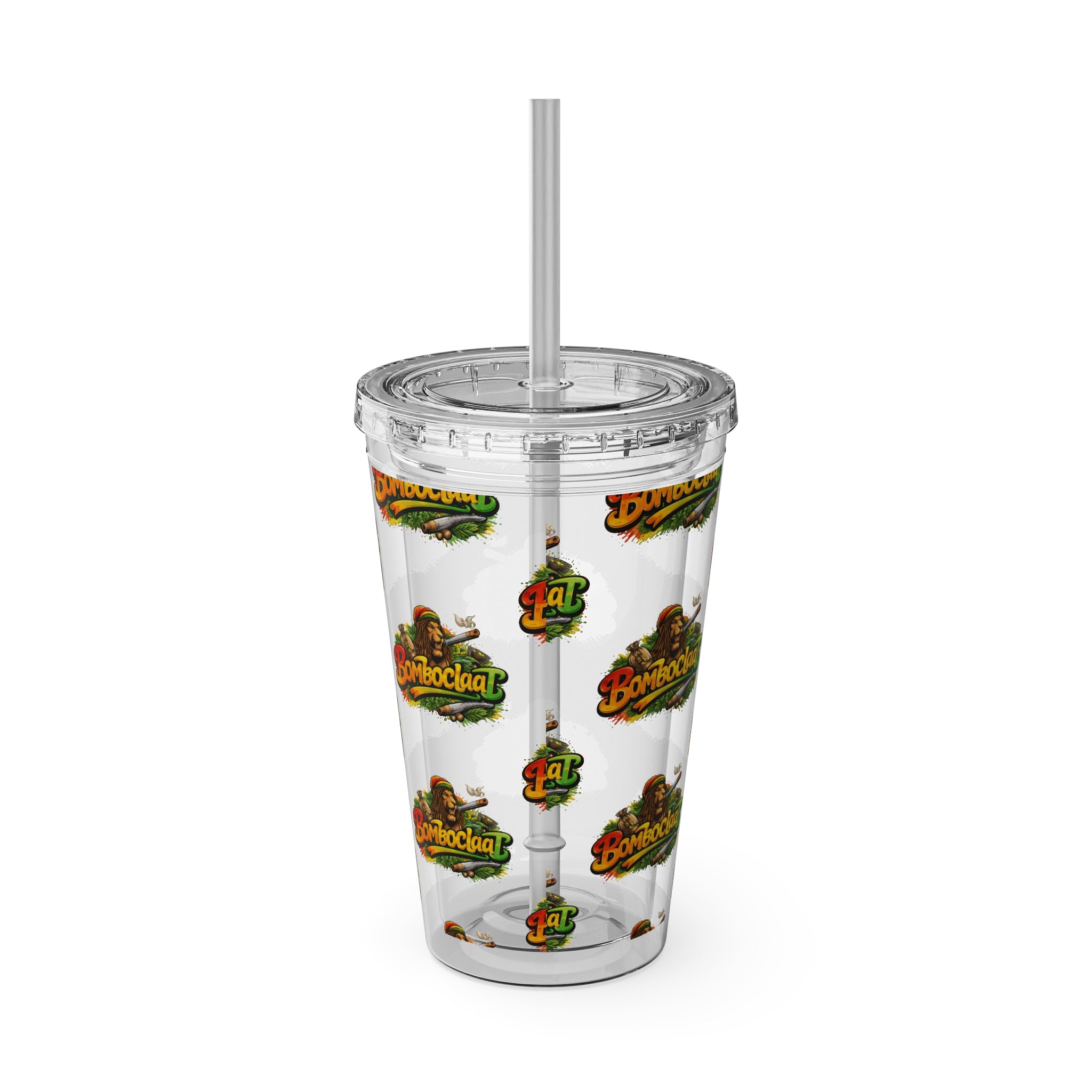 16oz Sunsplash Tumbler with Straw — Clear Reusable Drink Cup with Tropical 'Sunsplash' Logo Pattern