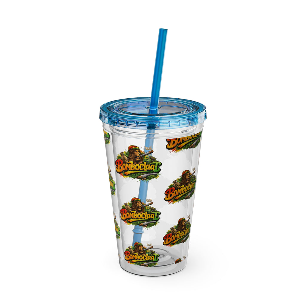 16oz Sunsplash Tumbler with Straw — Clear Reusable Drink Cup with Tropical 'Sunsplash' Logo Pattern