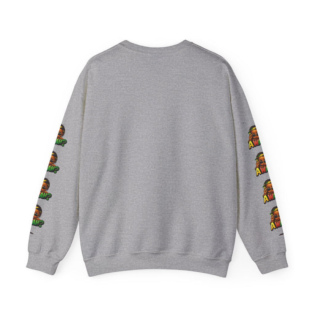 Crewneck Sweatshirt - 'Awah?' Graphic Pullover with Sleeve Prints