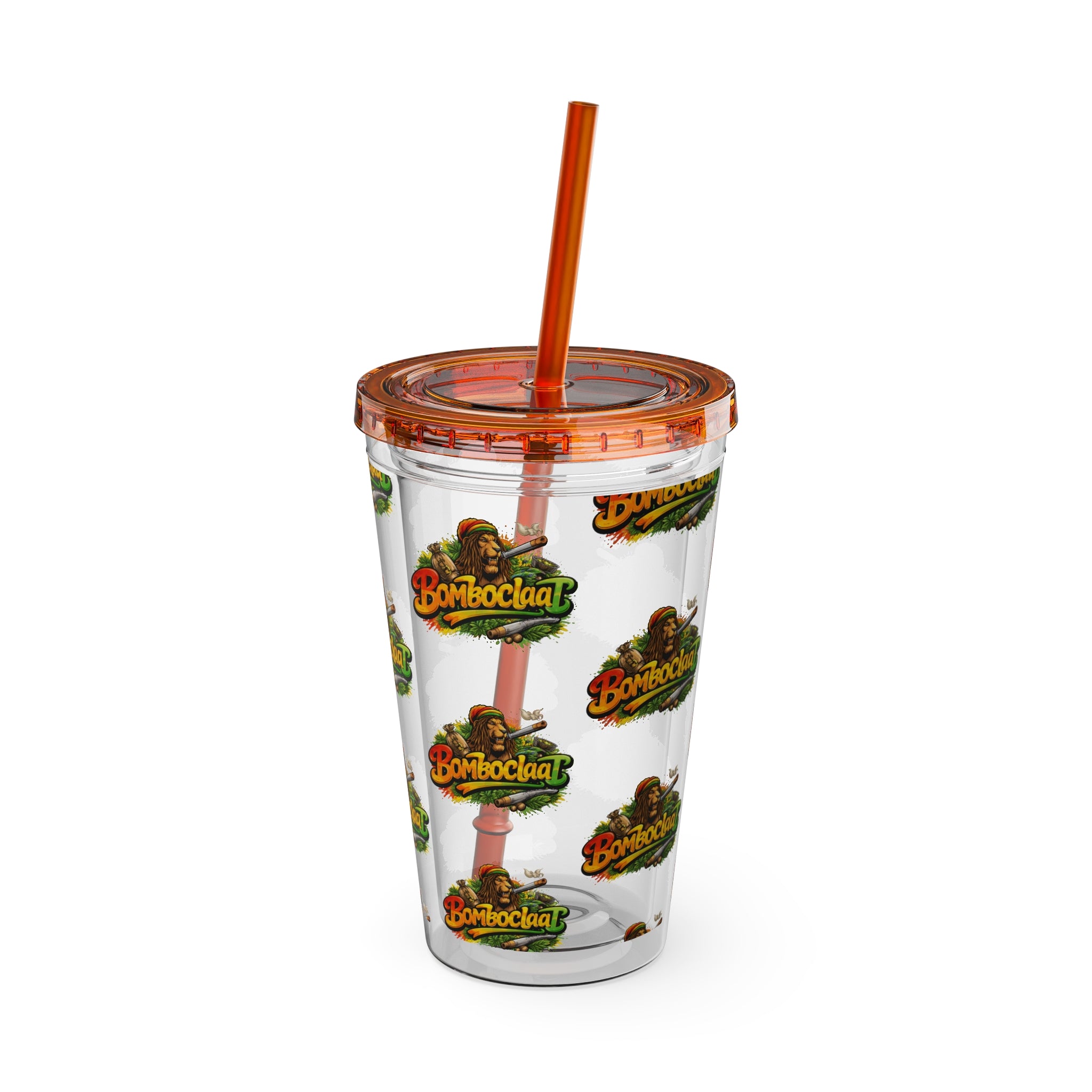 16oz Sunsplash Tumbler with Straw — Clear Reusable Drink Cup with Tropical 'Sunsplash' Logo Pattern