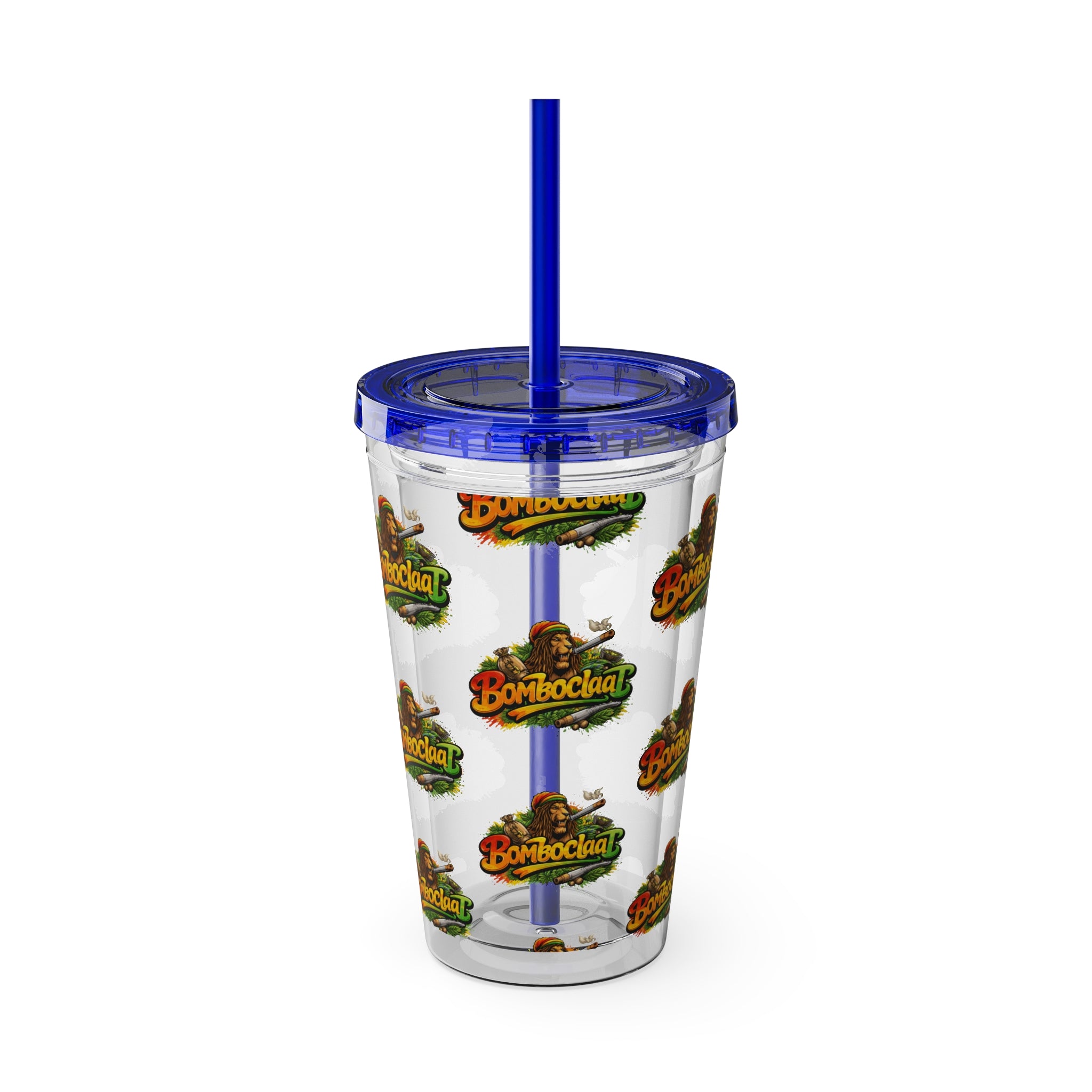 16oz Sunsplash Tumbler with Straw — Clear Reusable Drink Cup with Tropical 'Sunsplash' Logo Pattern