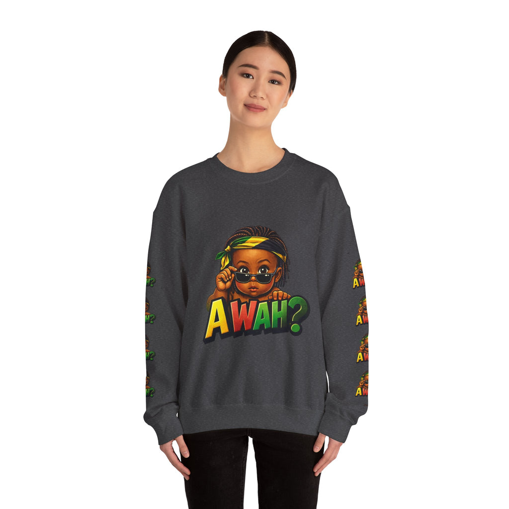 Crewneck Sweatshirt - 'Awah?' Graphic Pullover with Sleeve Prints