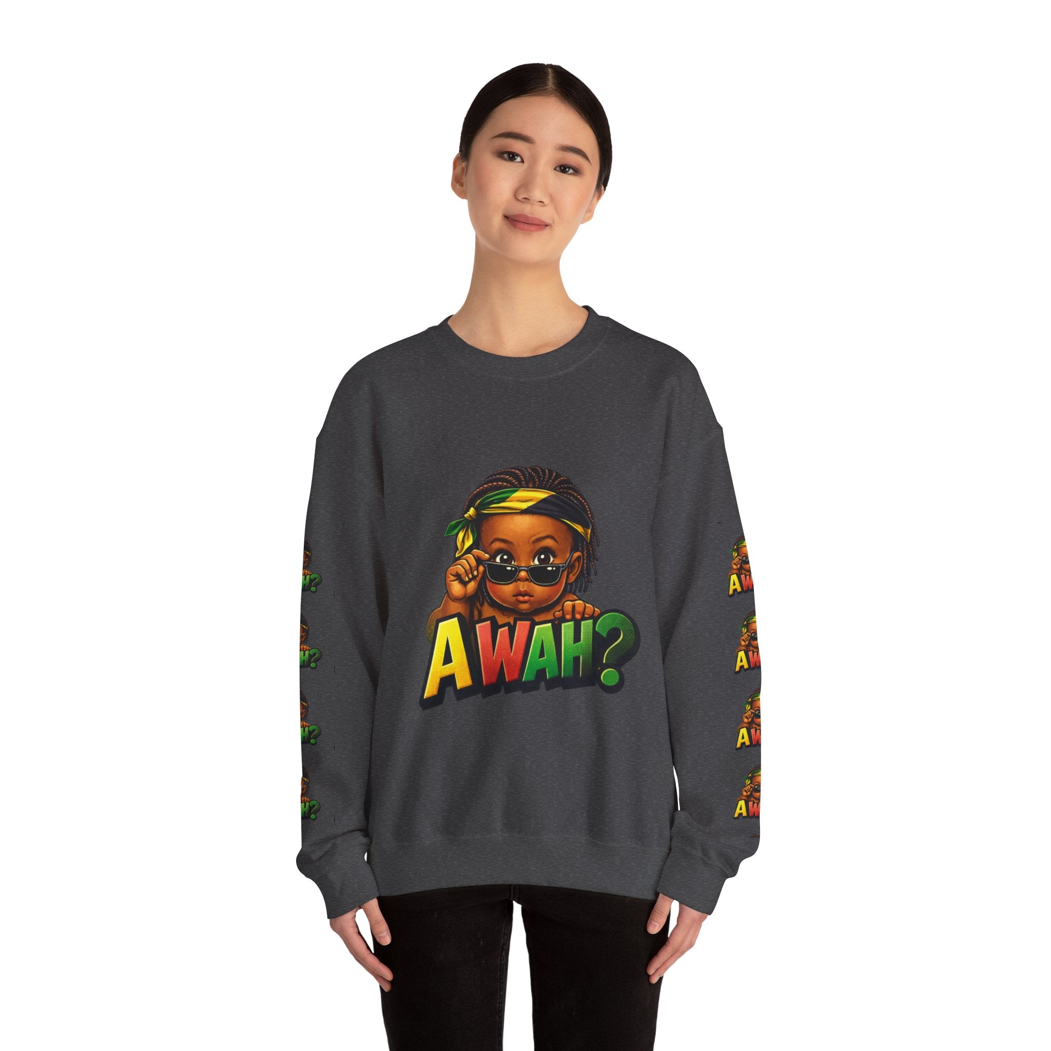 Crewneck Sweatshirt - 'Awah?' Graphic Pullover with Sleeve Prints