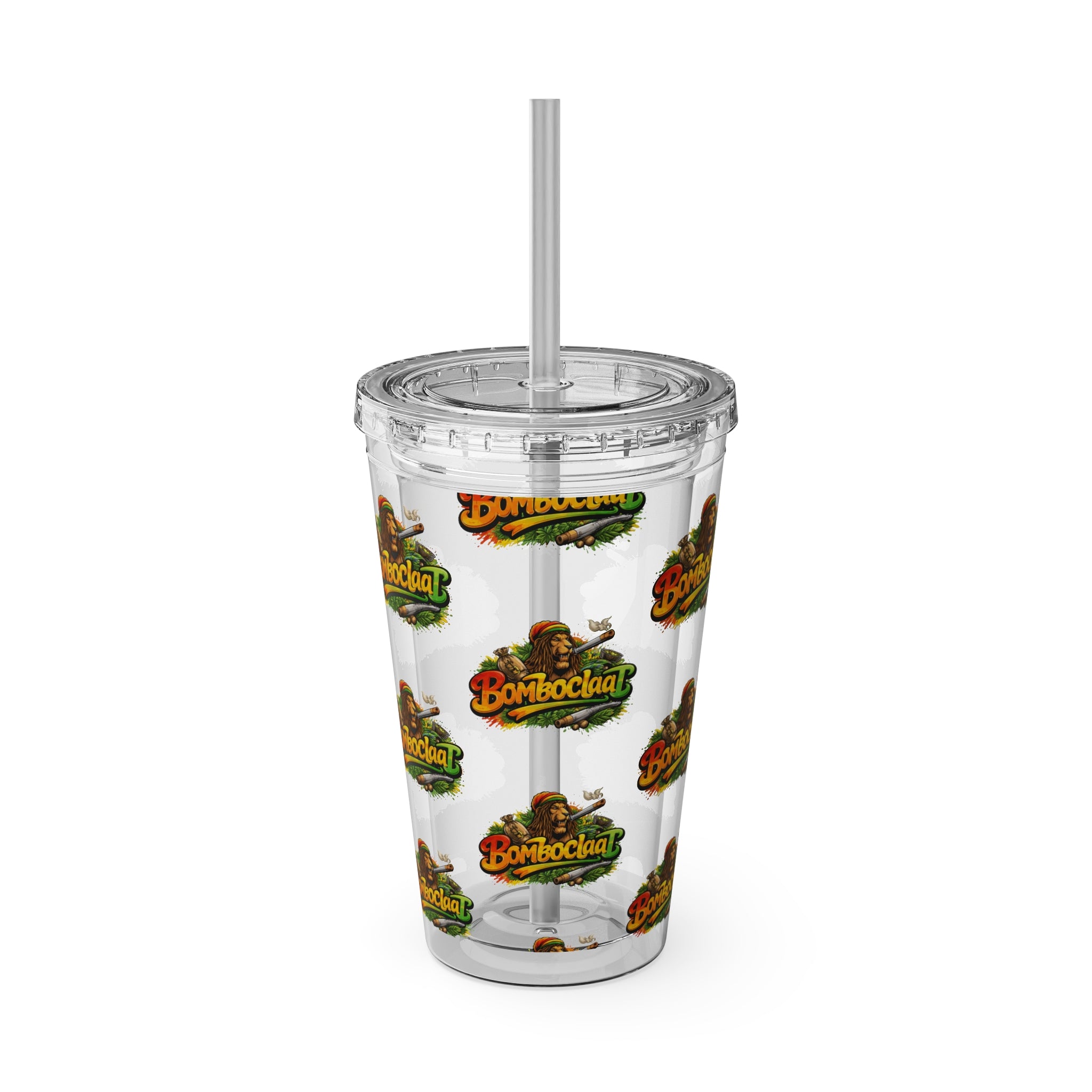 16oz Sunsplash Tumbler with Straw — Clear Reusable Drink Cup with Tropical 'Sunsplash' Logo Pattern