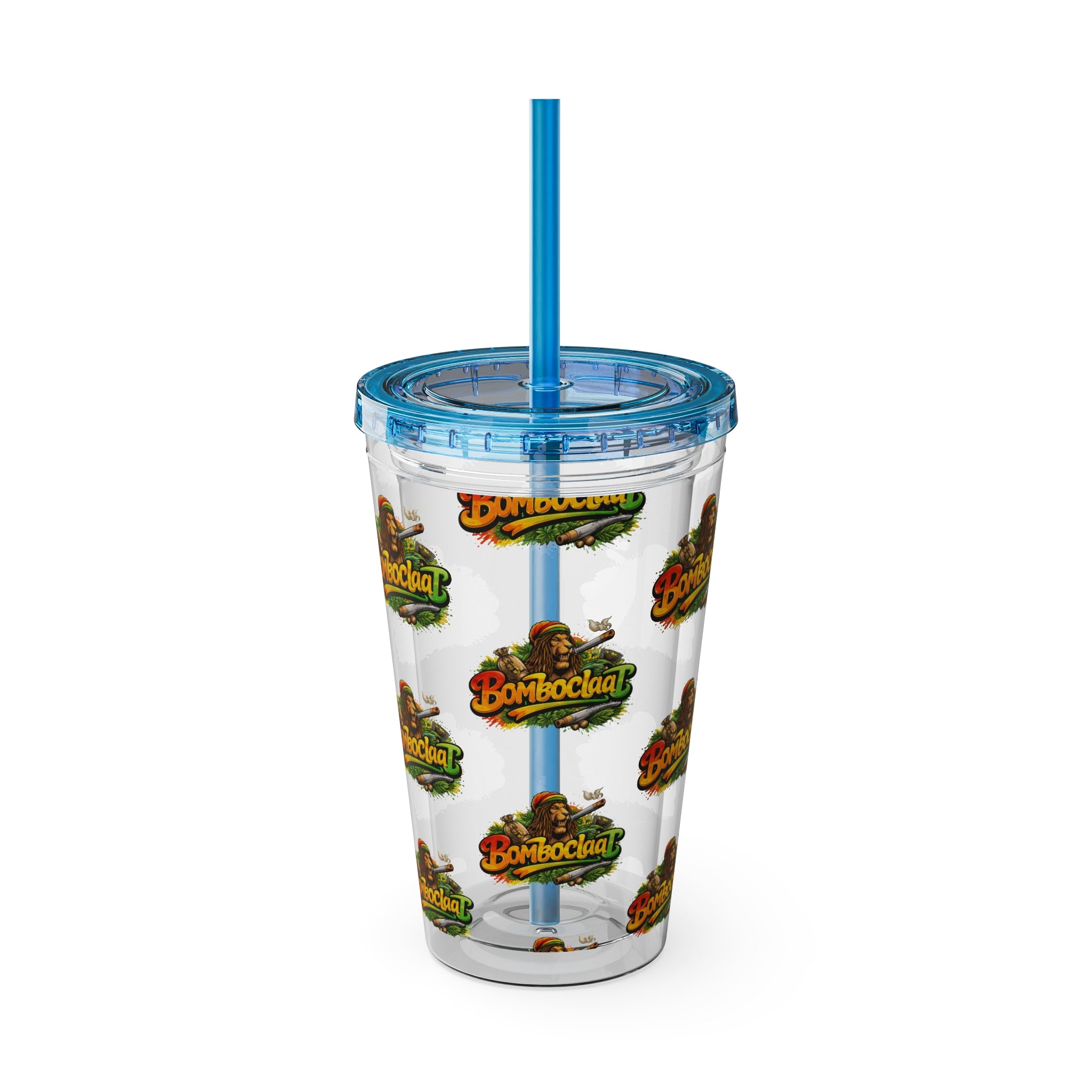 16oz Sunsplash Tumbler with Straw — Clear Reusable Drink Cup with Tropical 'Sunsplash' Logo Pattern