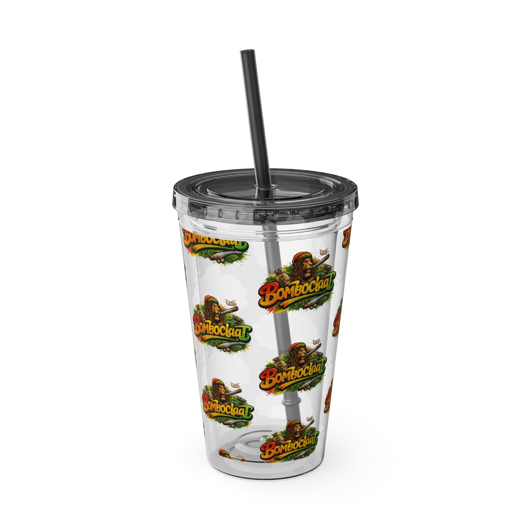16oz Sunsplash Tumbler with Straw — Clear Reusable Drink Cup with Tropical 'Sunsplash' Logo Pattern