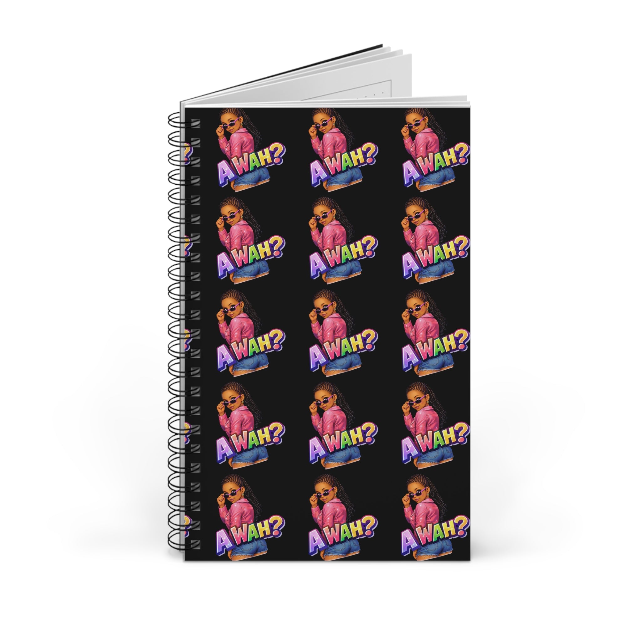 Spiral Journal — "Awah?" Patterned Black Notebook for Teens & Pop-Culture Fans