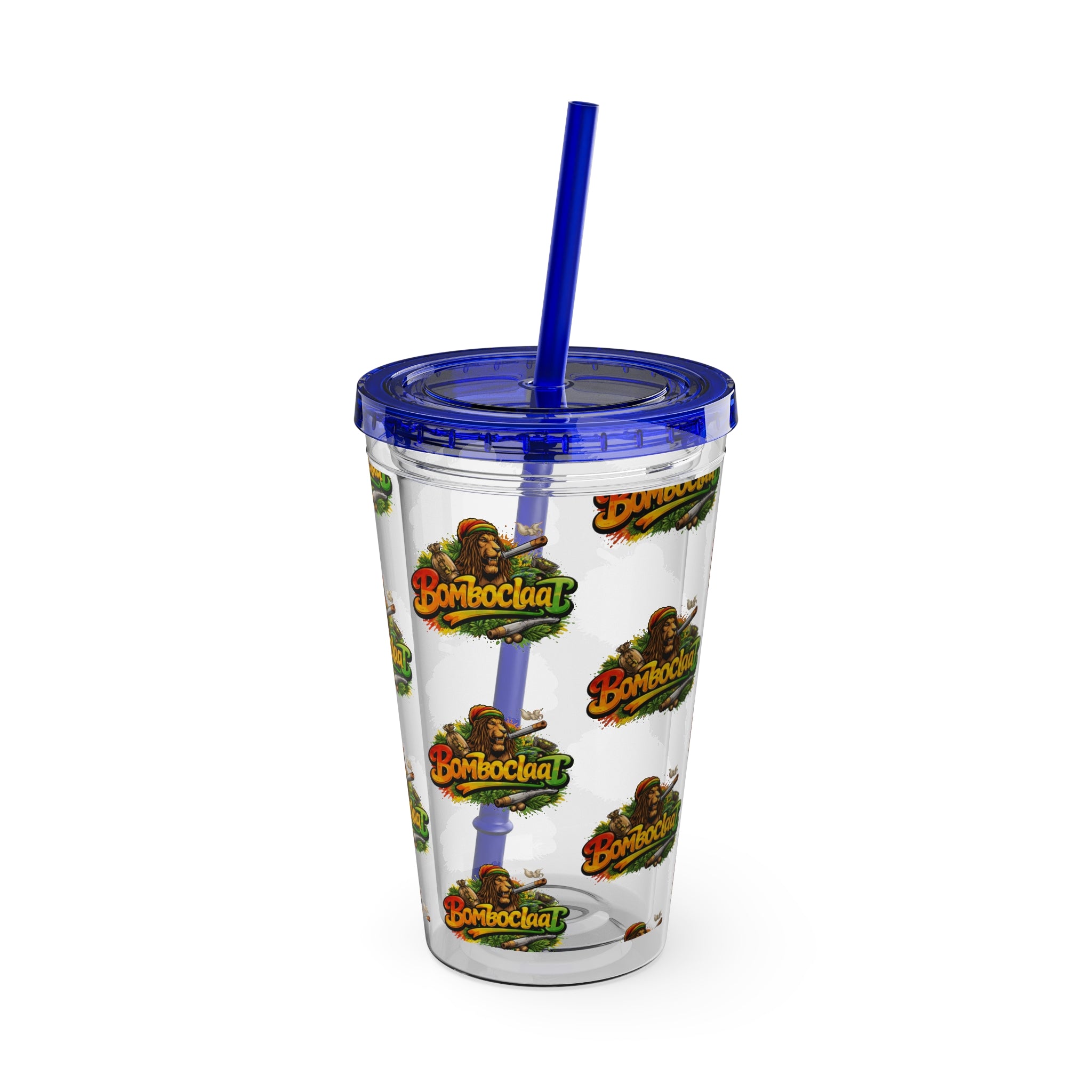 16oz Sunsplash Tumbler with Straw — Clear Reusable Drink Cup with Tropical 'Sunsplash' Logo Pattern