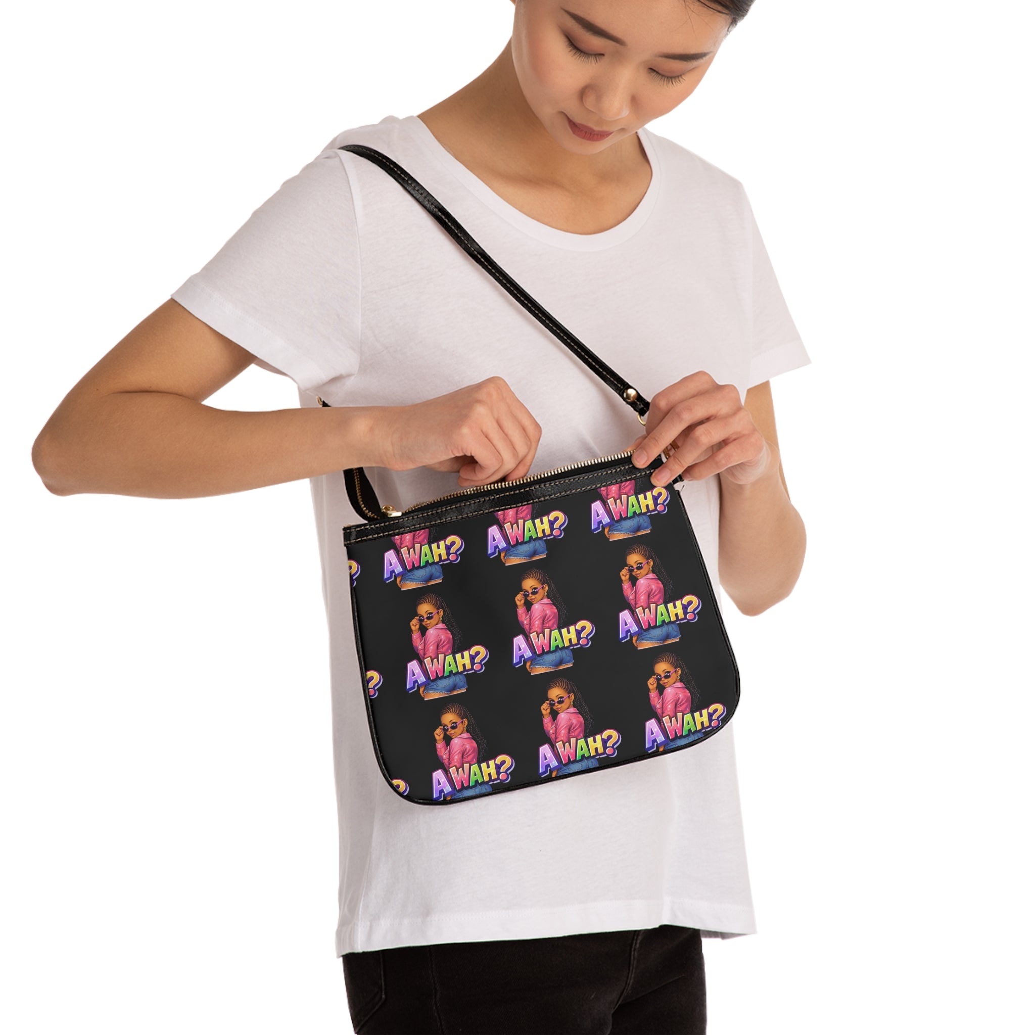 A Wah? Shoulder Bag – Trendy Black Crossbody Purse with Sassy Girl Graphic