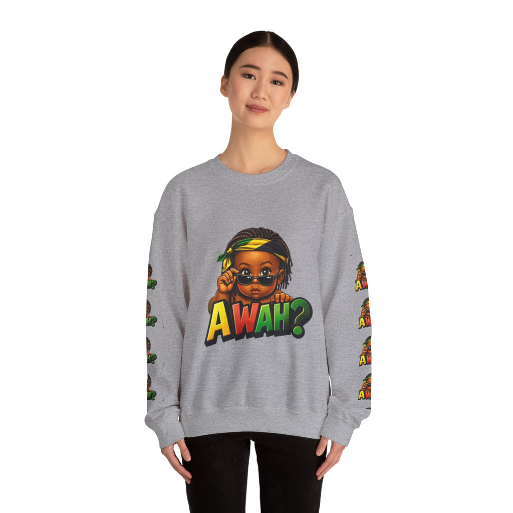 Crewneck Sweatshirt - 'Awah?' Graphic Pullover with Sleeve Prints