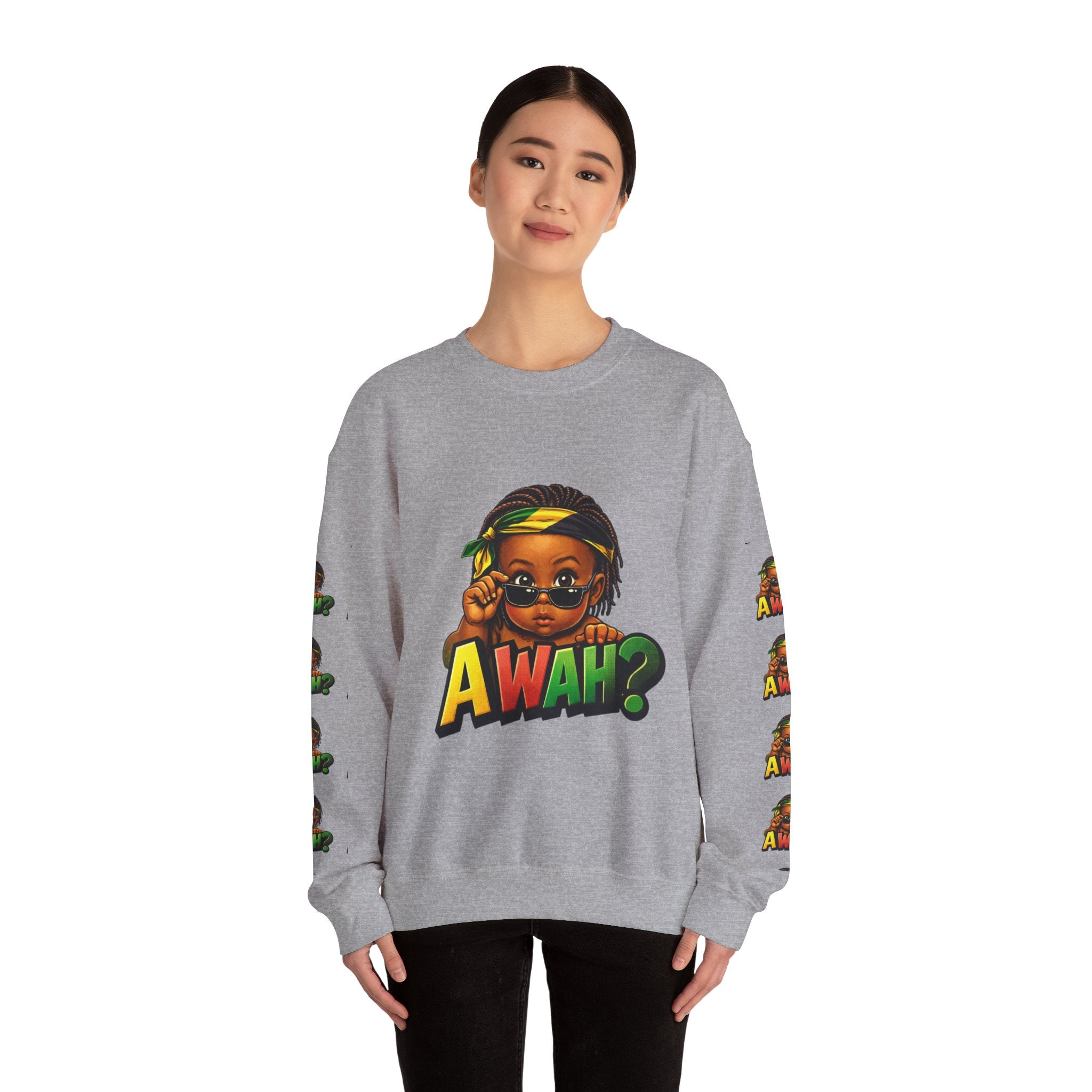 Crewneck Sweatshirt - 'Awah?' Graphic Pullover with Sleeve Prints