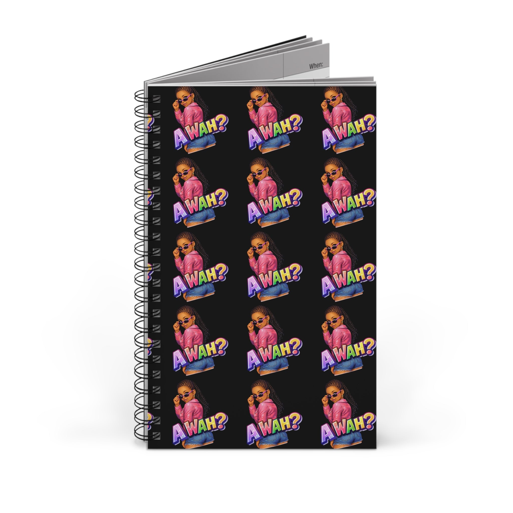 Spiral Journal — "Awah?" Patterned Black Notebook for Teens & Pop-Culture Fans