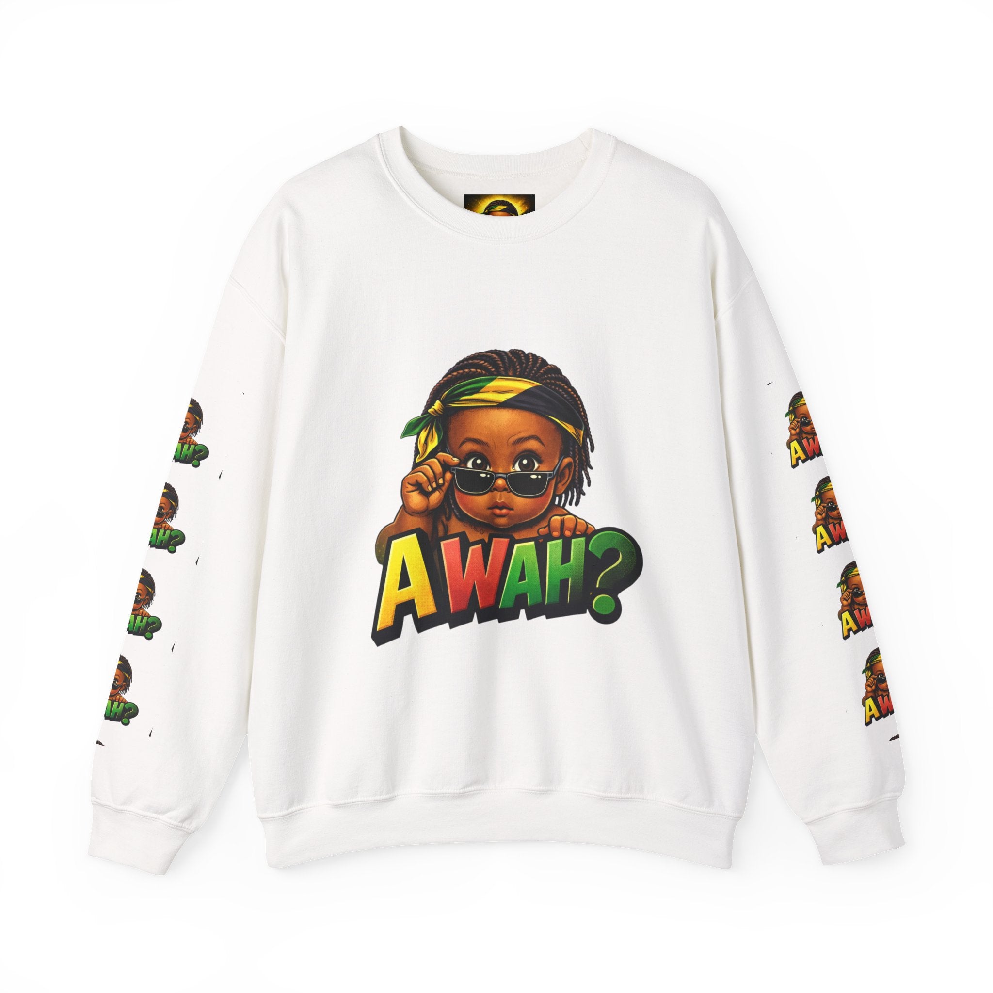Crewneck Sweatshirt - 'Awah?' Graphic Pullover with Sleeve Prints