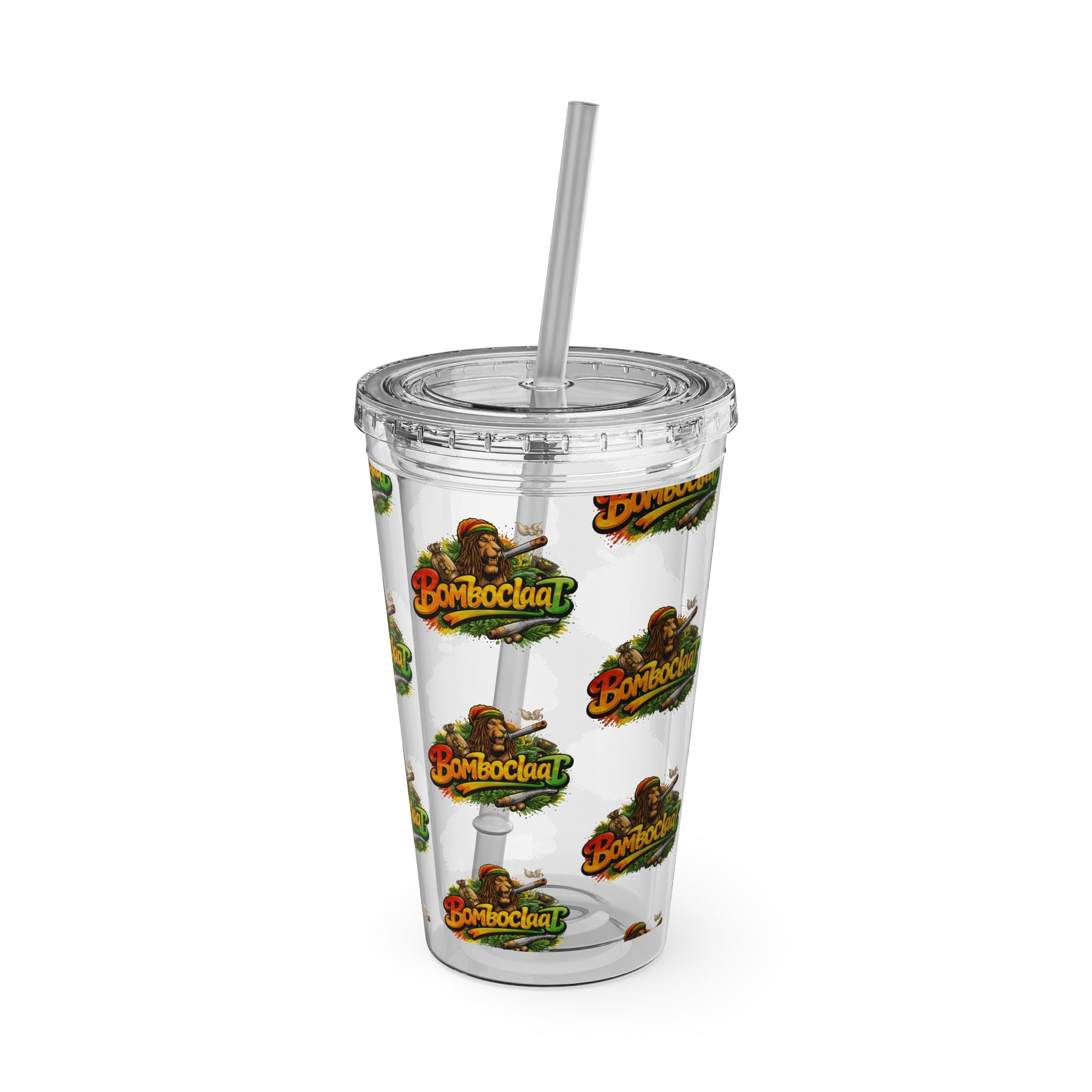 16oz Sunsplash Tumbler with Straw — Clear Reusable Drink Cup with Tropical 'Sunsplash' Logo Pattern