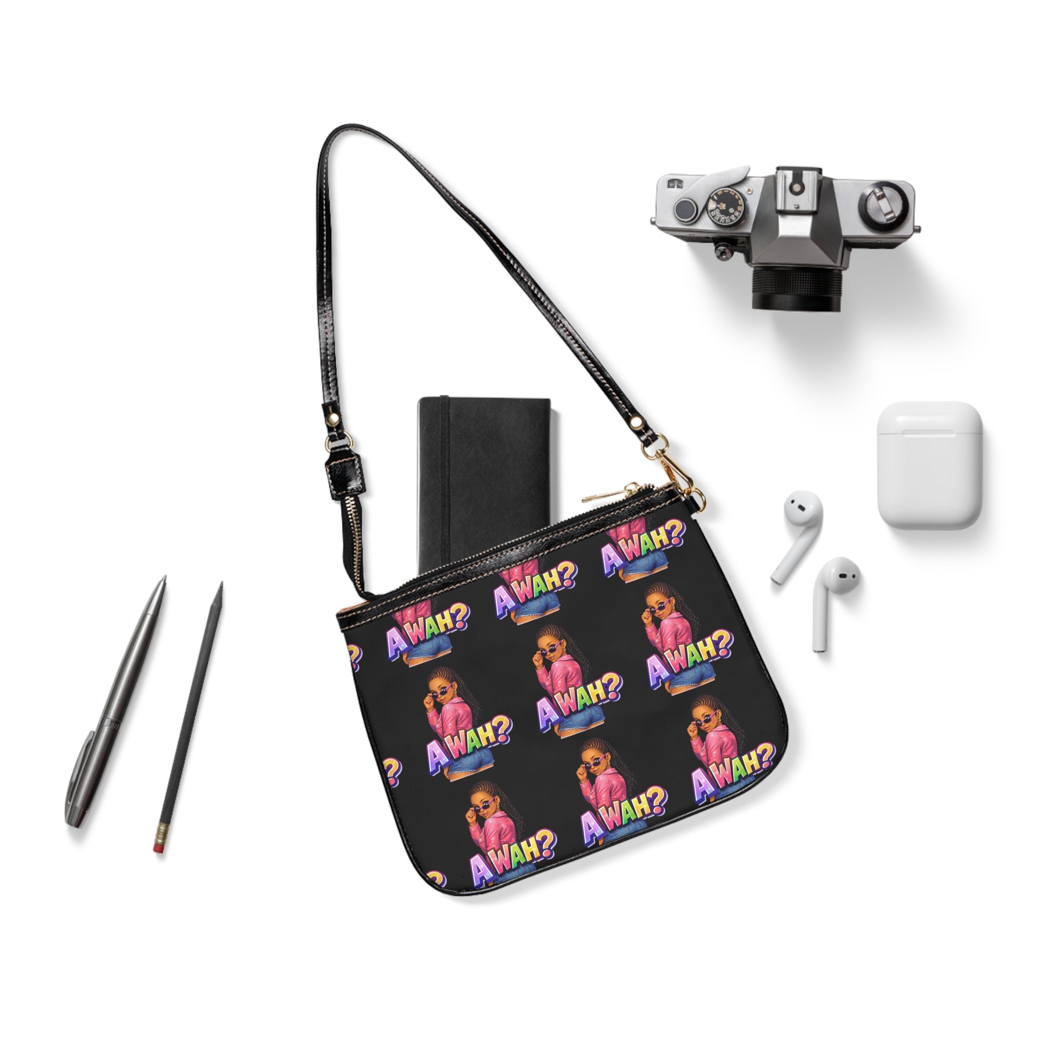 A Wah? Shoulder Bag – Trendy Black Crossbody Purse with Sassy Girl Graphic