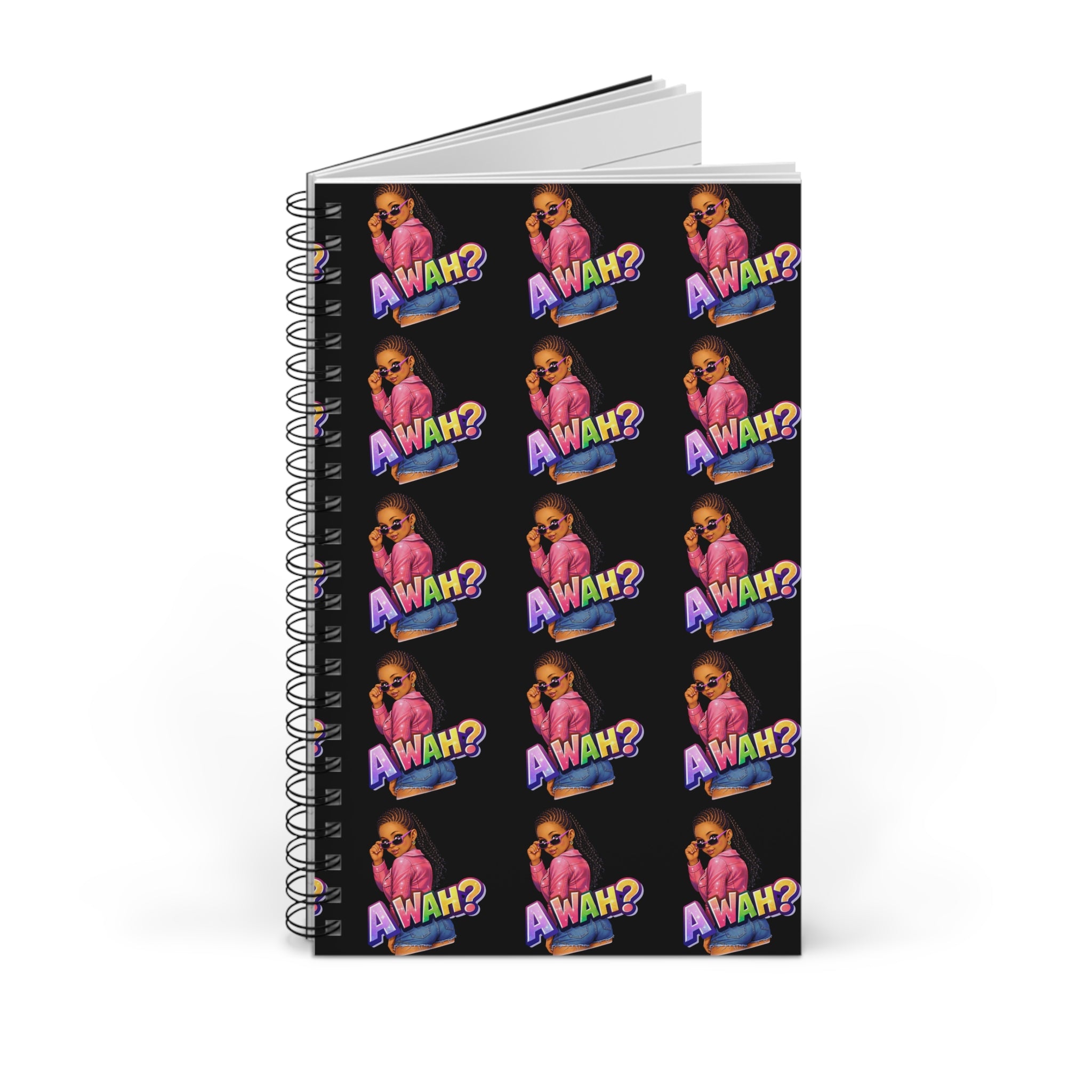 Spiral Journal — "Awah?" Patterned Black Notebook for Teens & Pop-Culture Fans
