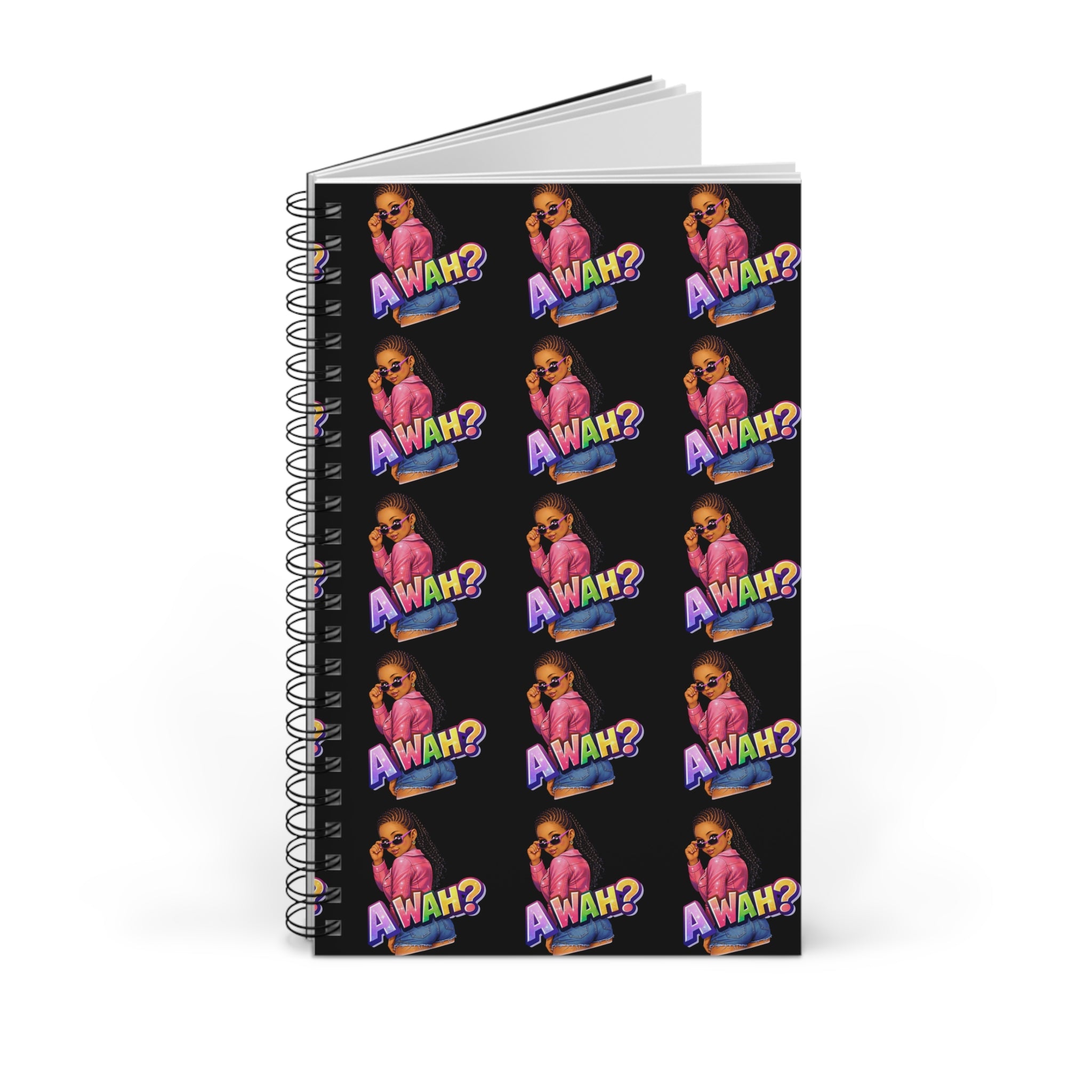 Spiral Journal — "Awah?" Patterned Black Notebook for Teens & Pop-Culture Fans