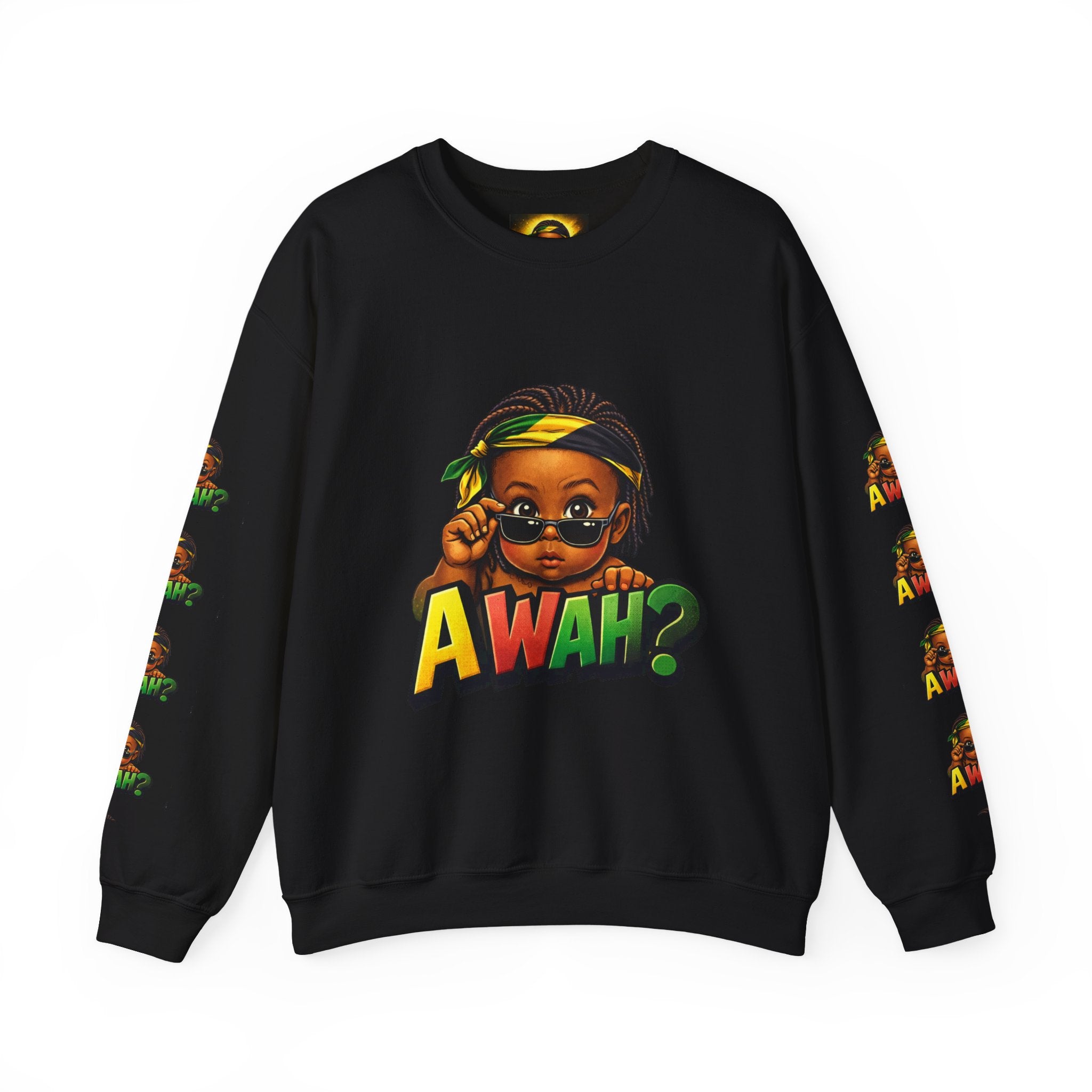 Crewneck Sweatshirt - 'Awah?' Graphic Pullover with Sleeve Prints
