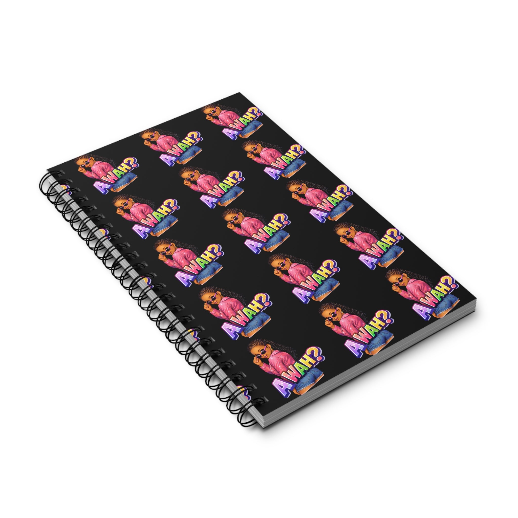 Spiral Journal — "Awah?" Patterned Black Notebook for Teens & Pop-Culture Fans
