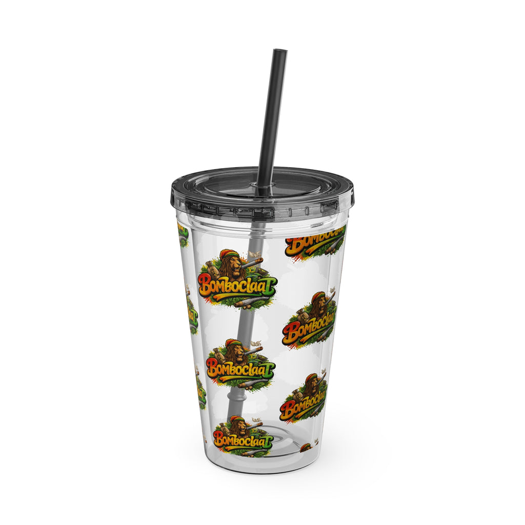 16oz Sunsplash Tumbler with Straw — Clear Reusable Drink Cup with Tropical 'Sunsplash' Logo Pattern