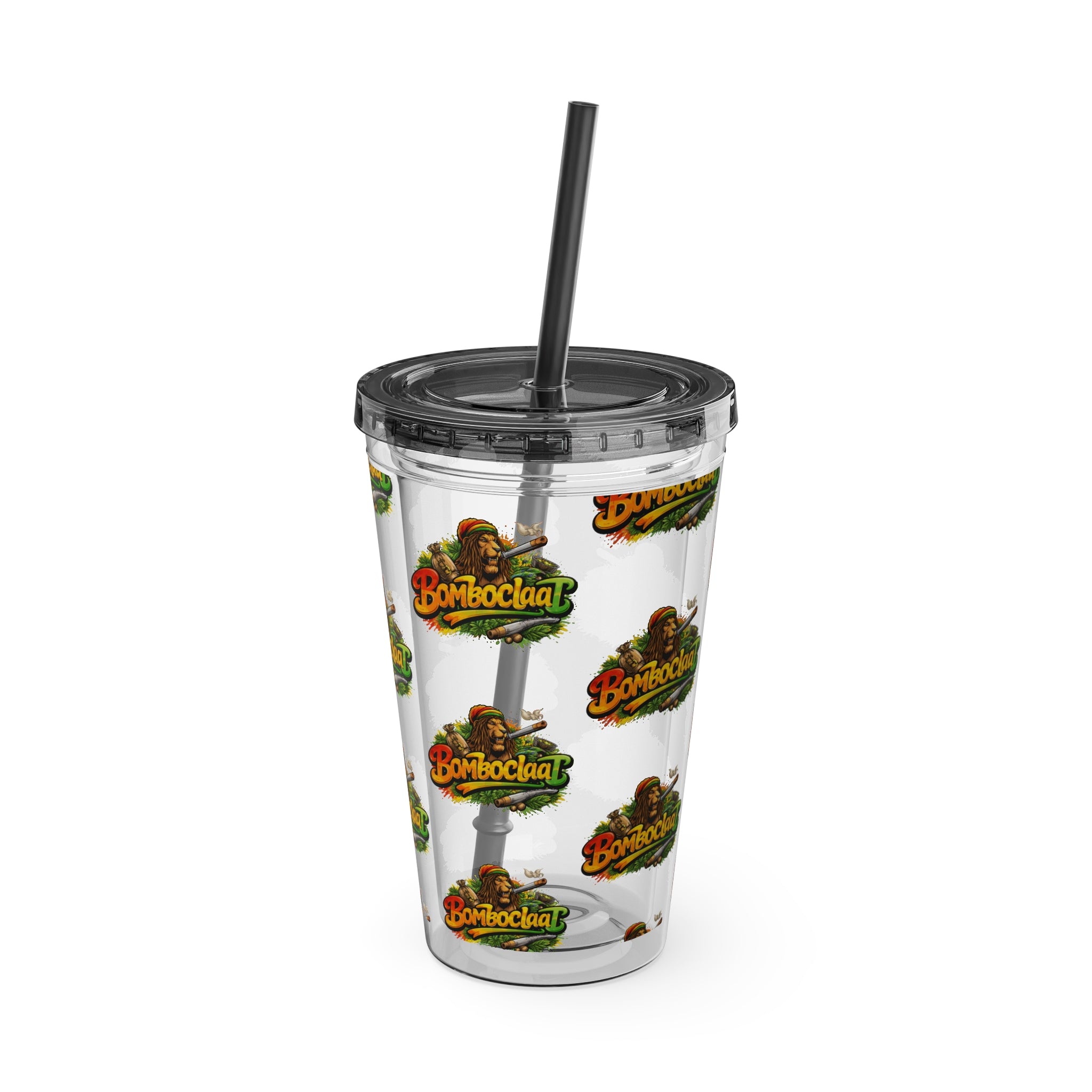 16oz Sunsplash Tumbler with Straw — Clear Reusable Drink Cup with Tropical 'Sunsplash' Logo Pattern