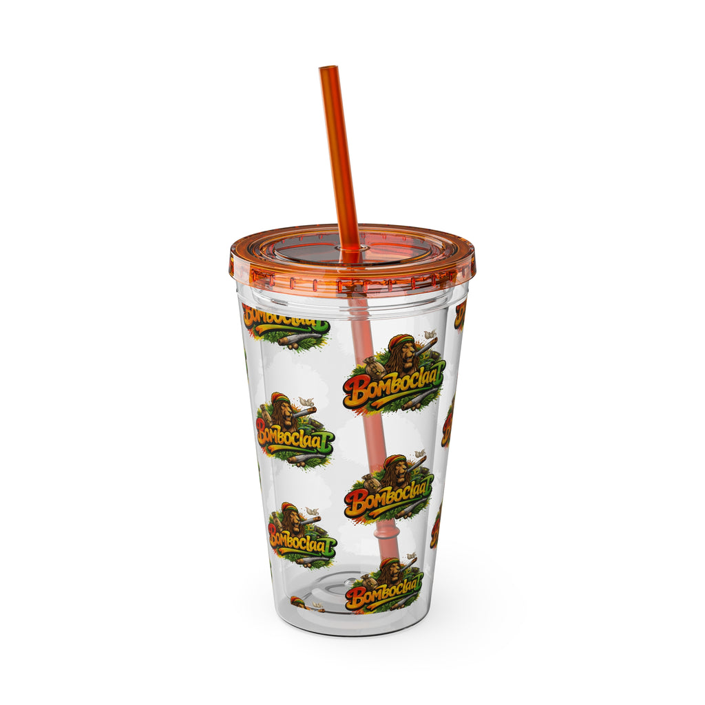 16oz Sunsplash Tumbler with Straw — Clear Reusable Drink Cup with Tropical 'Sunsplash' Logo Pattern