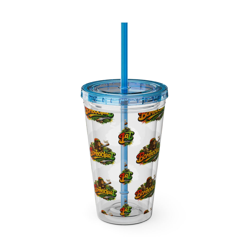 16oz Sunsplash Tumbler with Straw — Clear Reusable Drink Cup with Tropical 'Sunsplash' Logo Pattern
