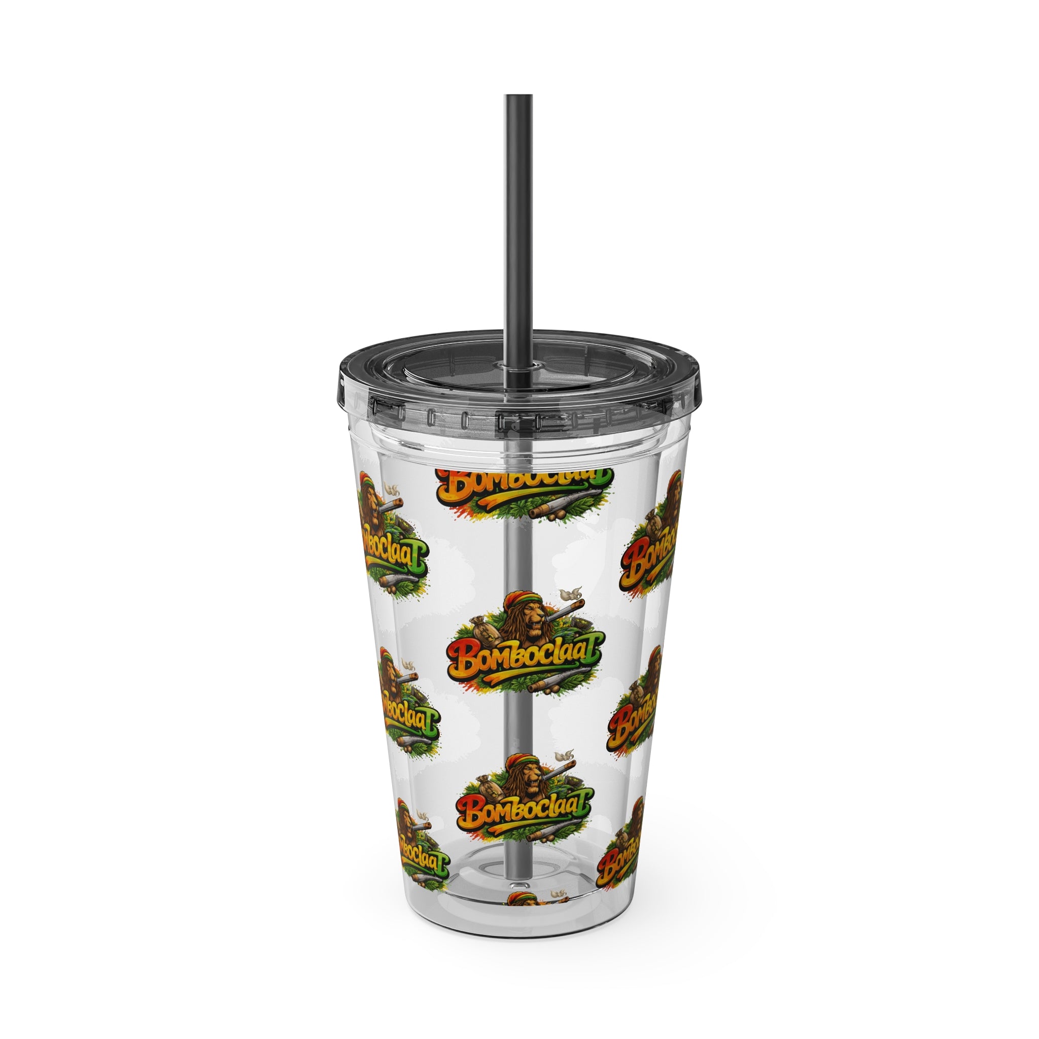 16oz Sunsplash Tumbler with Straw — Clear Reusable Drink Cup with Tropical 'Sunsplash' Logo Pattern