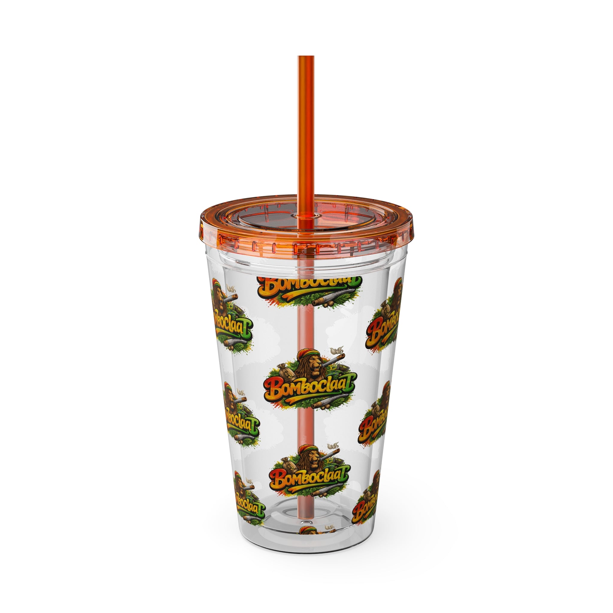 16oz Sunsplash Tumbler with Straw — Clear Reusable Drink Cup with Tropical 'Sunsplash' Logo Pattern