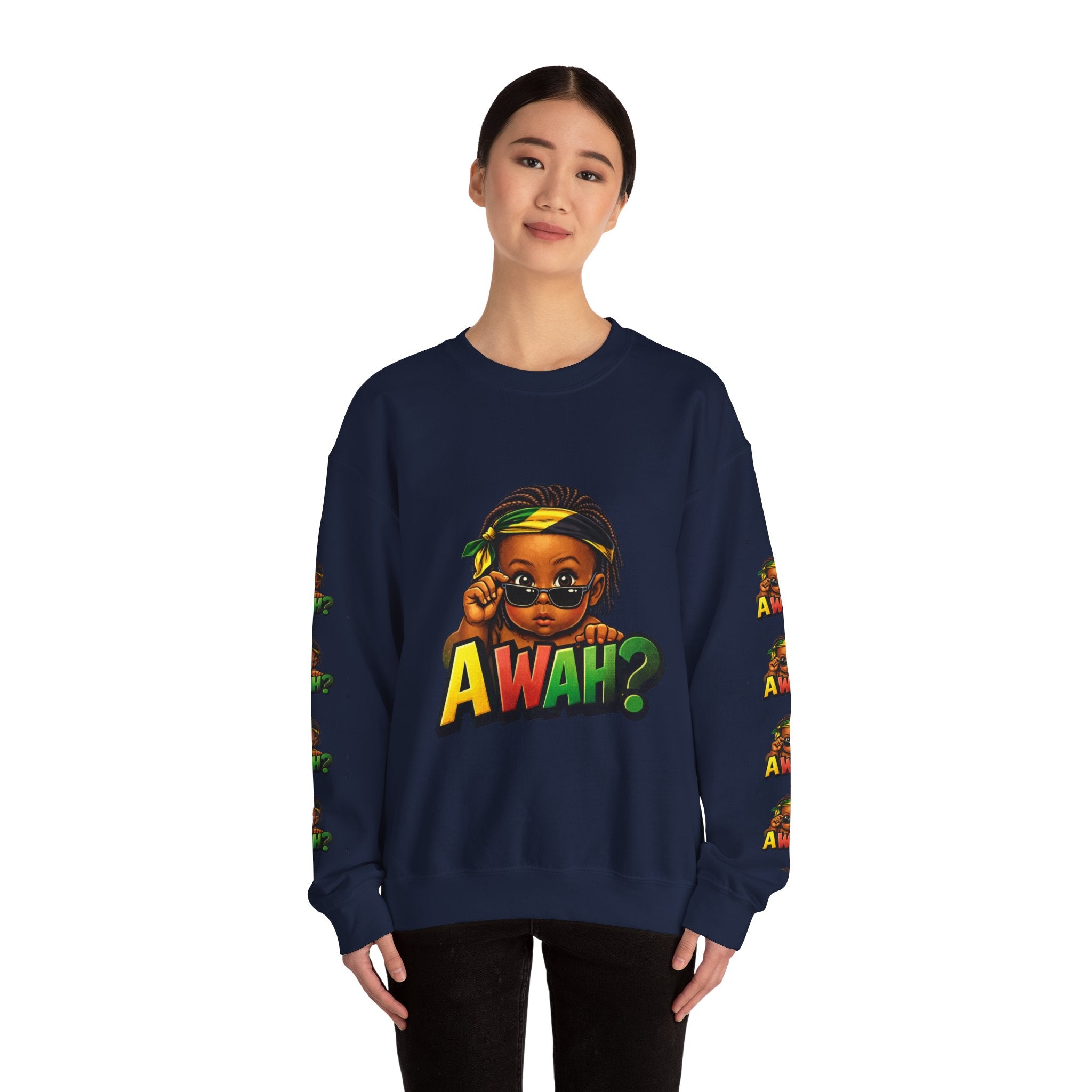 Crewneck Sweatshirt - 'Awah?' Graphic Pullover with Sleeve Prints