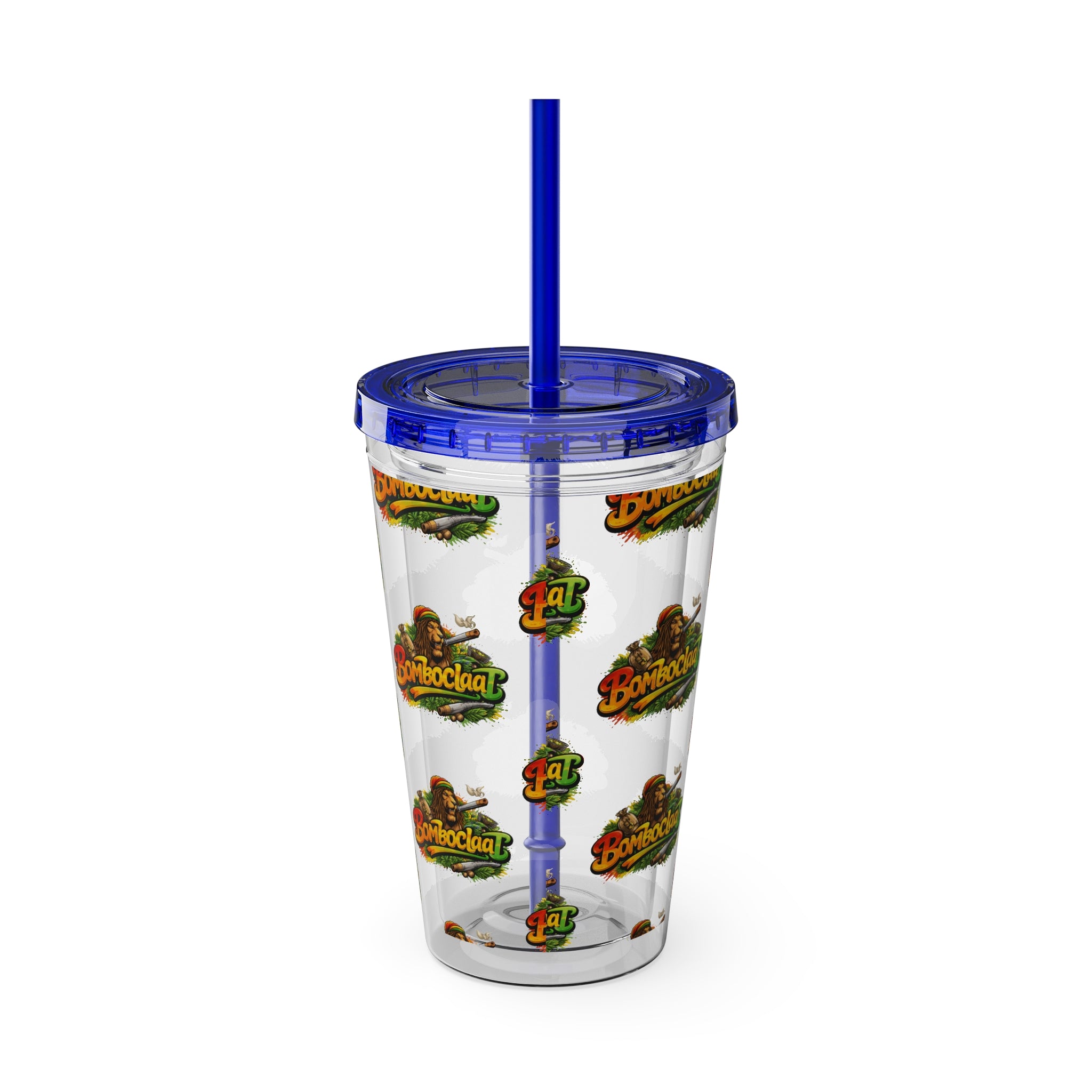 16oz Sunsplash Tumbler with Straw — Clear Reusable Drink Cup with Tropical 'Sunsplash' Logo Pattern