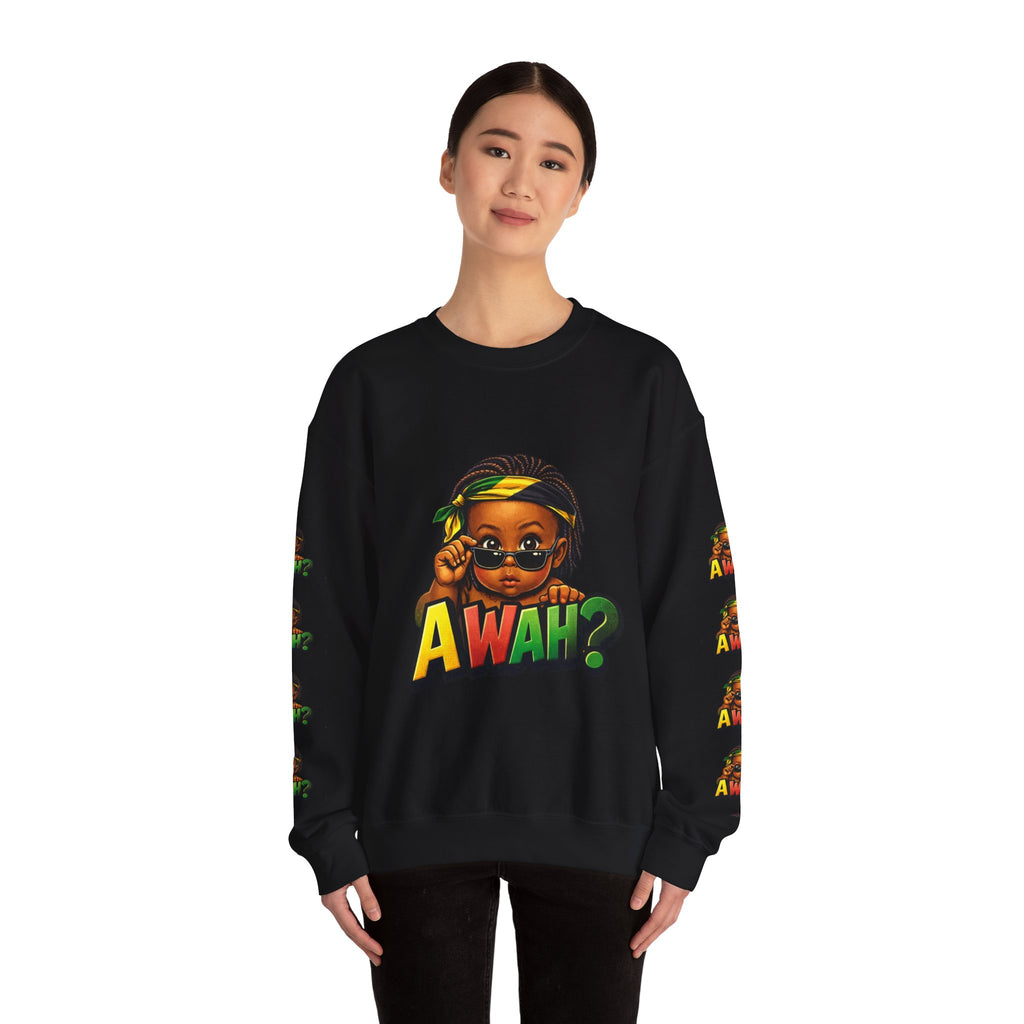 Crewneck Sweatshirt - 'Awah?' Graphic Pullover with Sleeve Prints