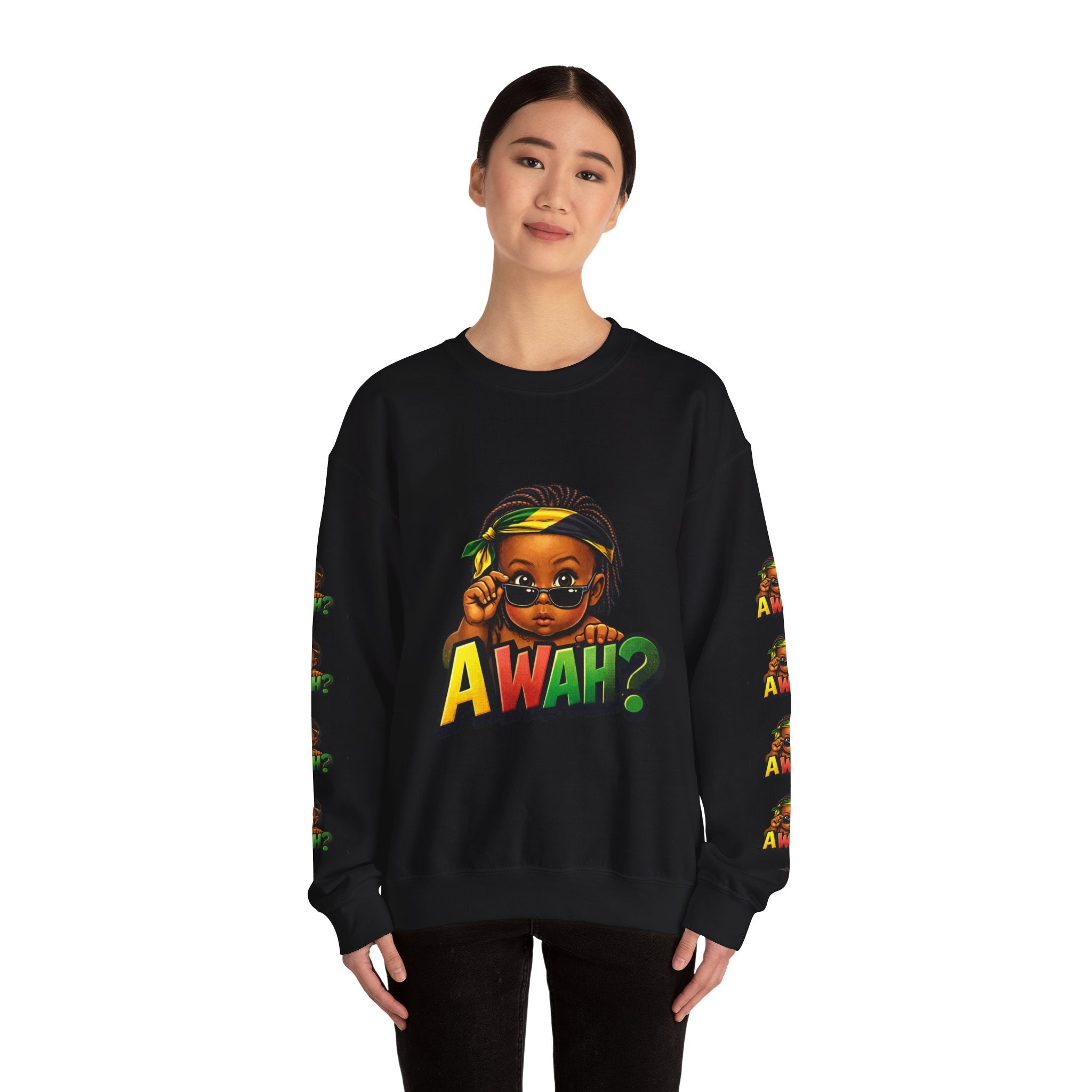 Crewneck Sweatshirt - 'Awah?' Graphic Pullover with Sleeve Prints
